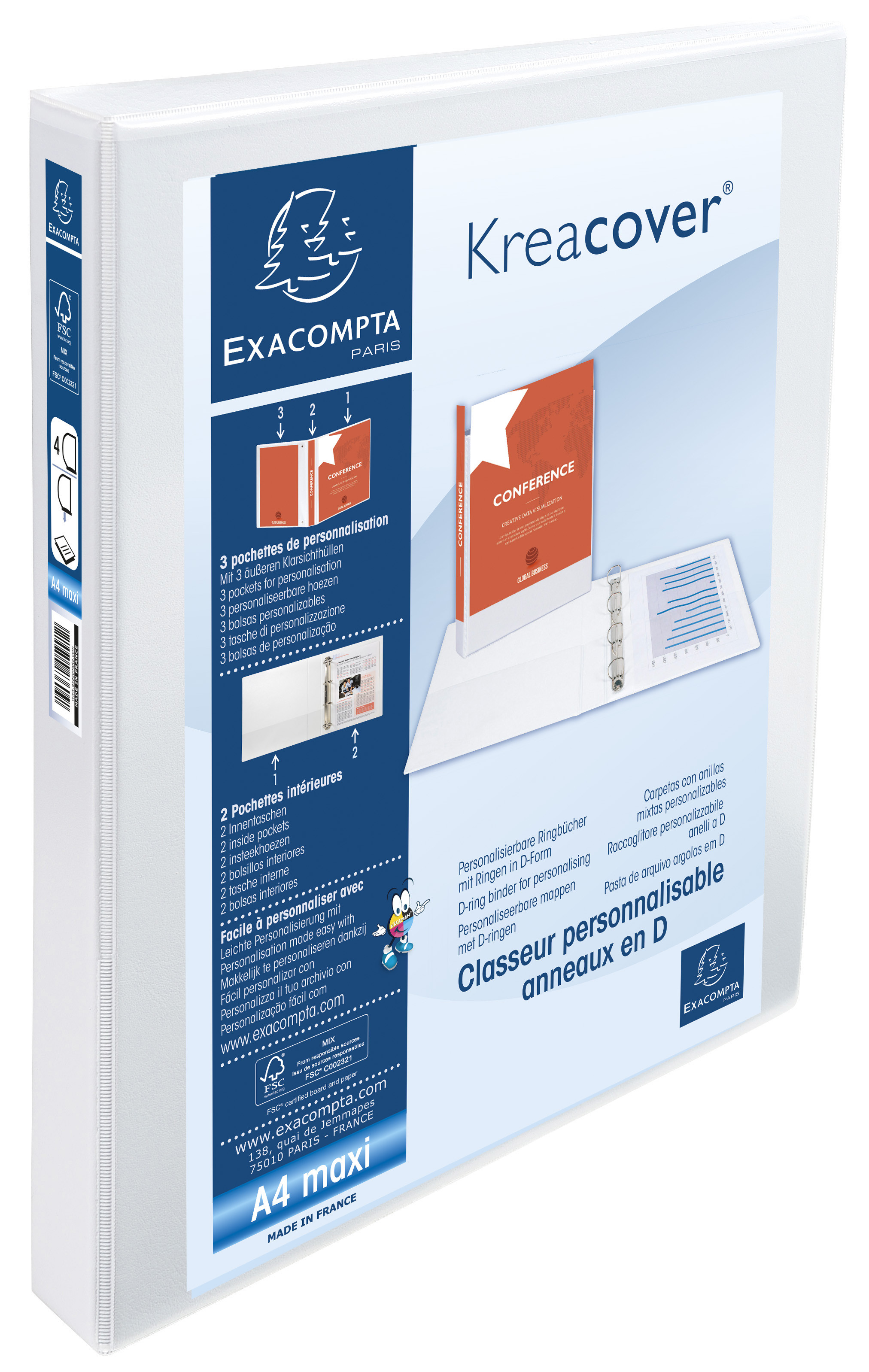 Exacompta Classeur à anneaux personnalisable 3 faces plastifié Kreacover 4 anneaux en D 25 mm - A4 maxi  Dos 4,7 cm Capacité 230 feuilles blanc