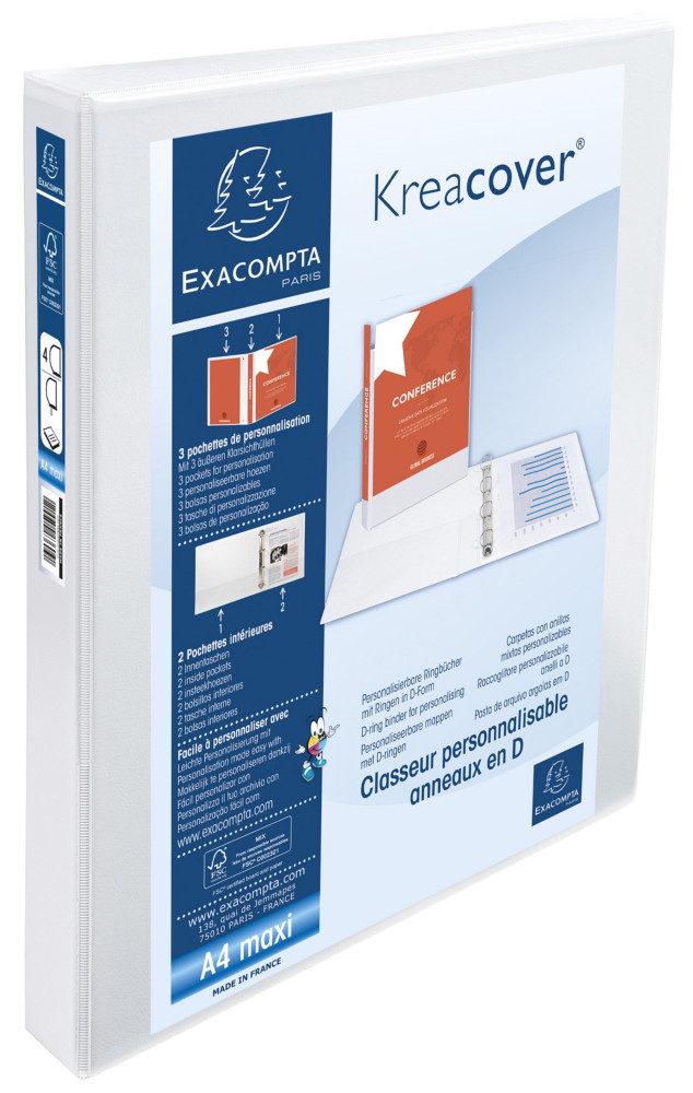 Exacompta Classeur  anneaux personnalisable 3 faces plastifi Kreacover 4anneaux enD 30mm -  A4 maxi  Dos 4,7 cm Capacit 275feuilles blanc