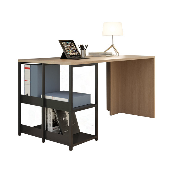 Bureau de tltravail Grafic L.140 x H.72,4 cm avec 2 tagres mtalliques intgres  Chne / Noir