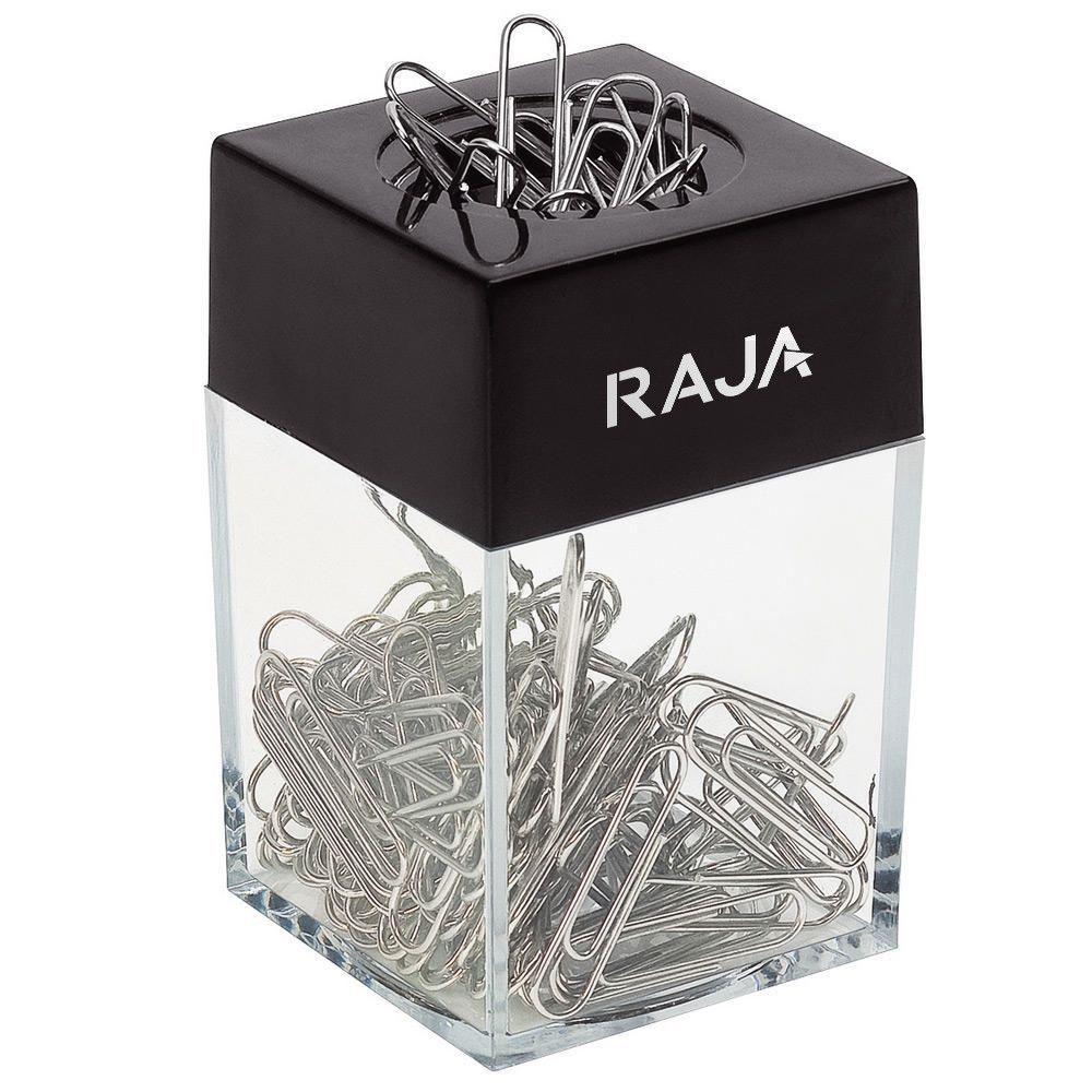 RAJA Distributeur de trombones transparent avec couvercle aimant noir et 100 trombones