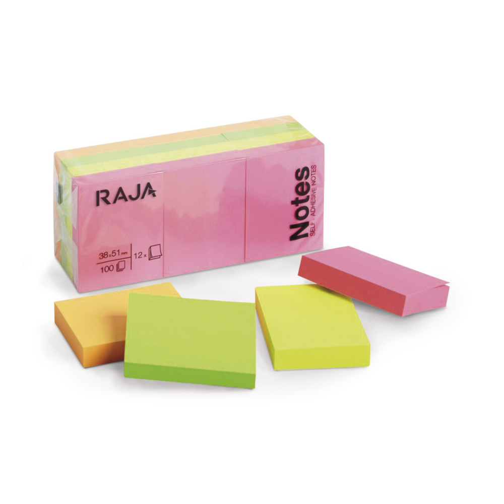 RAJA Notes repositionnables 38 x 51 mm - Assorties Non - Lot 12 blocs de 100 feuilles
