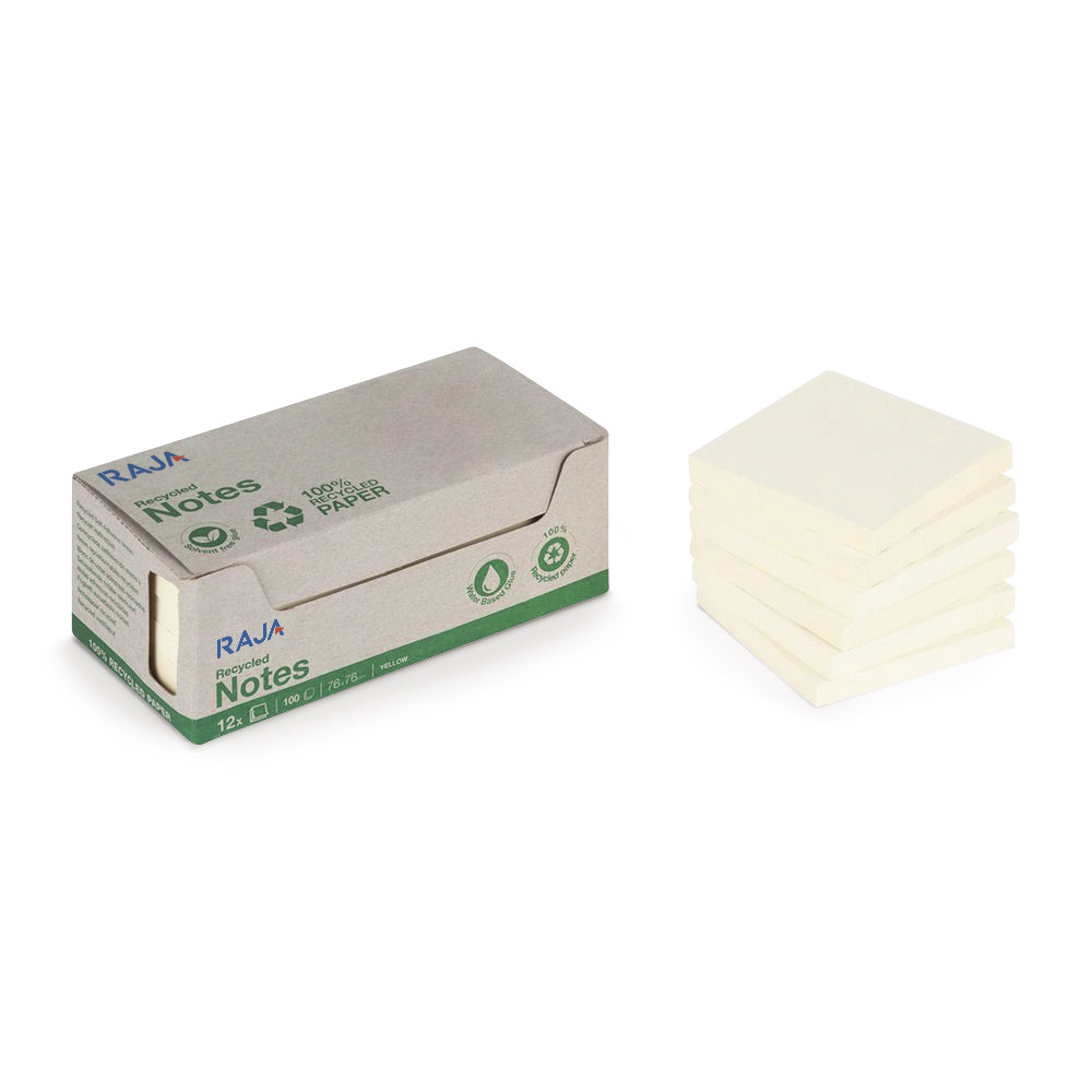 RAJA Notes repositionnables 100% recycles 76 x 76 mm - Jaune Pastel - Lot 12 blocs de 100 feuilles