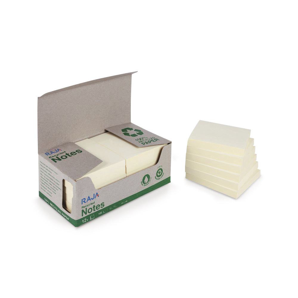 RAJA Notes repositionnables 100% recycles 38 x 51 mm - Jaune Pastel - Lot 12 blocs de 100 feuilles