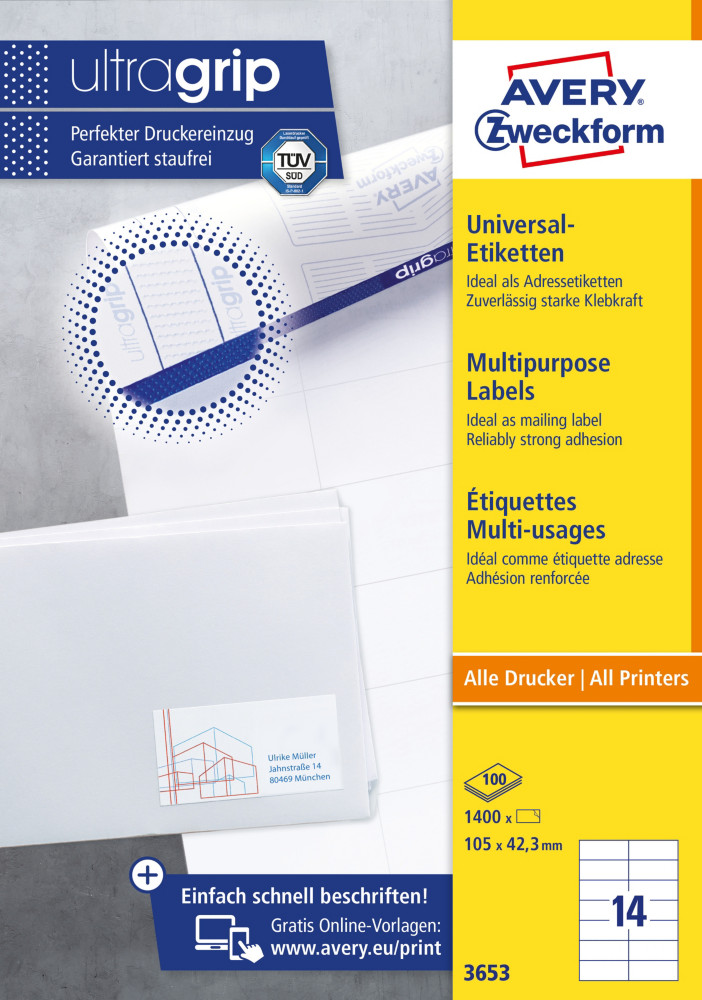 Avery 3653 Etiquettes blanche multi-usages 105 x 42,3 mm - Bote de 1400