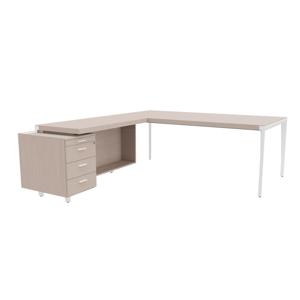 Bureau d'angle direction Arold 212 x 234 avec retour caisson porteur  gauche Placage bois orme gris - Pitement mtal blanc