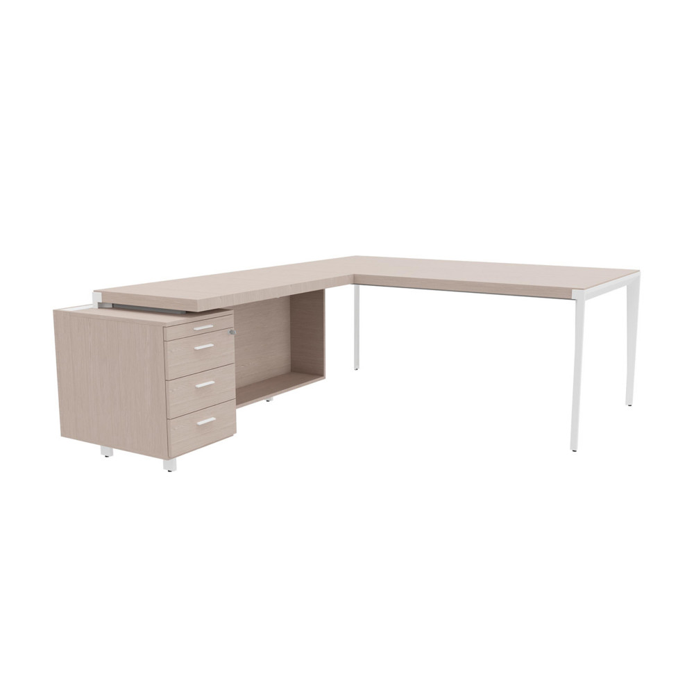 Bureau d'angle direction Arold 192 x 234 avec retour caisson porteur  gauche Placage bois orme gris - Pitement mtal blanc