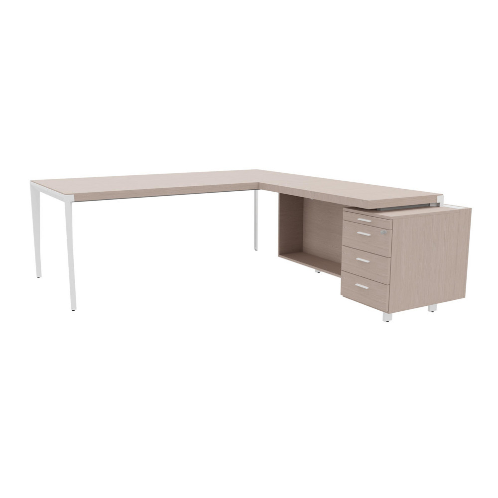 Bureau d'angle direction Arold 212 x 234 avec retour caisson porteur  droite Placage bois orme gris - Pitement mtal blanc