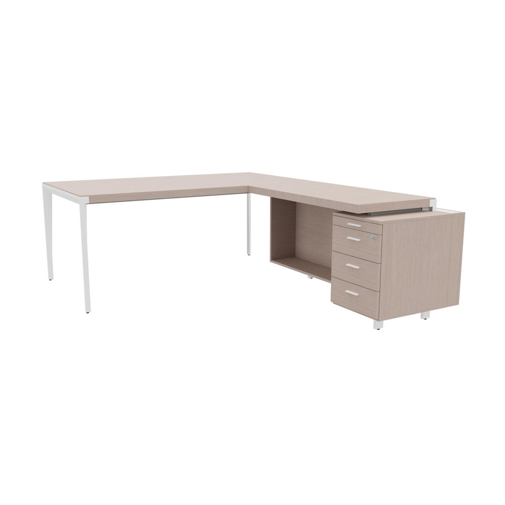 Bureau d'angle direction Arold 192 x 234 avec retour caisson porteur  droite Placage bois orme gris - Pitement mtal blanc