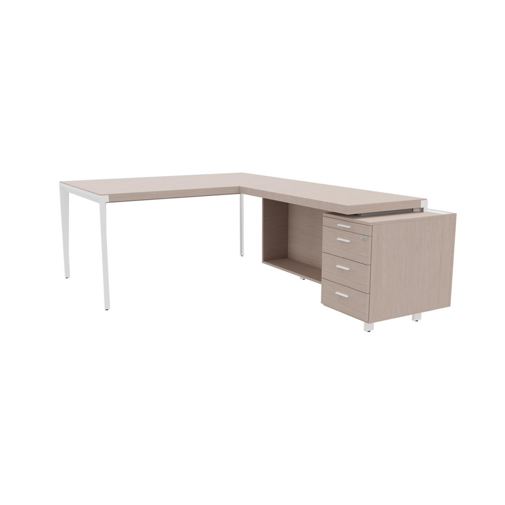 Bureau d'angle direction Arold 172 x 234 avec retour caisson porteur  droite Placage bois orme gris - Pitement mtal blanc