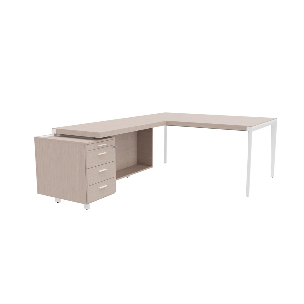 Bureau d'angle direction Arold 172 x 234 avec retour caisson porteur  gauche Placage bois orme gris - Pitement mtal blanc