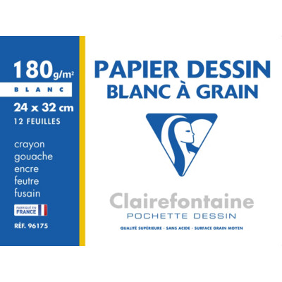 Clairefontaine Papier dessin à grain 24 x 32 cm 180 g - Pochette 12 feuilles blanches