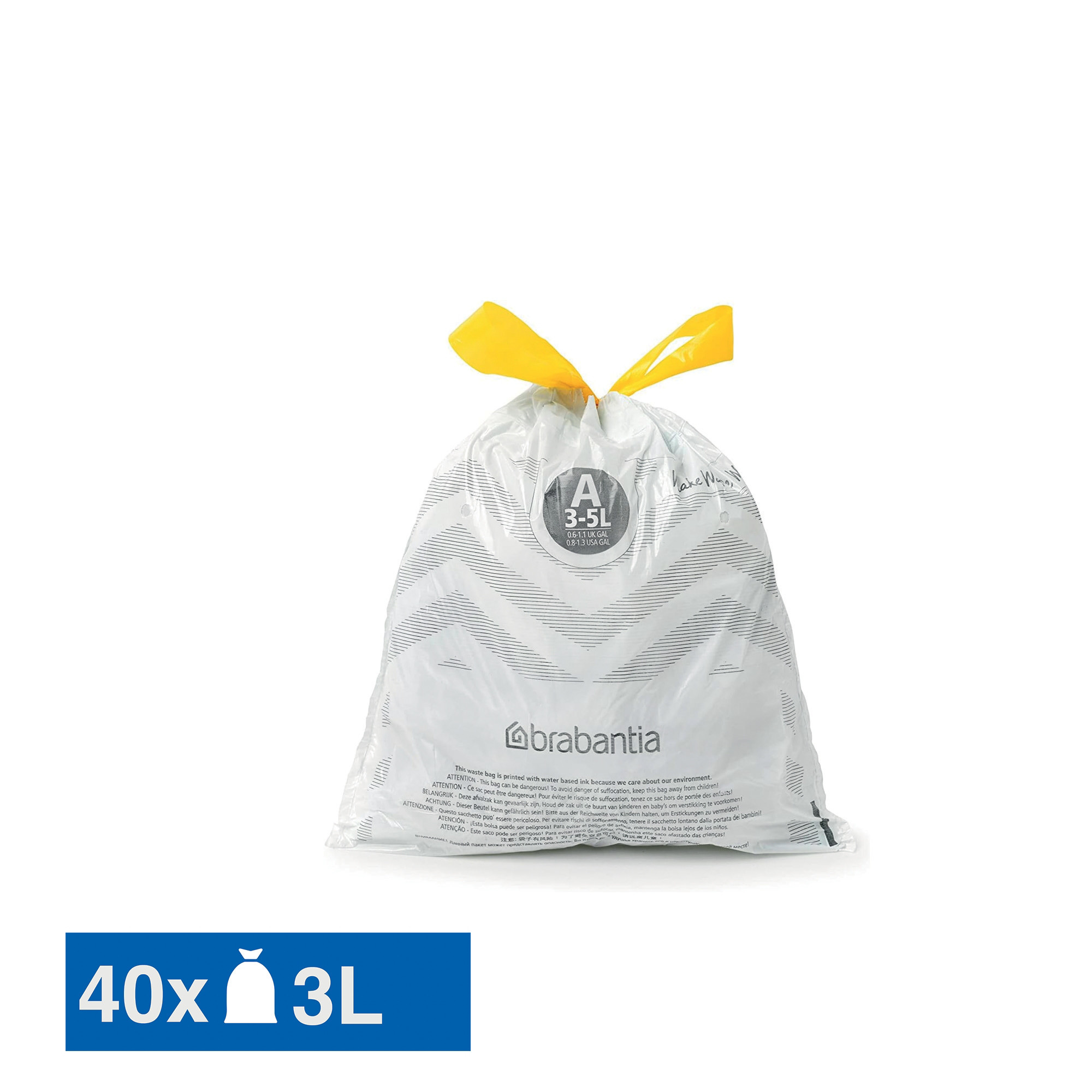 Sacs poubelle déchets courants Brabantia poignées coulissantes blancs 3 L, lot de 40