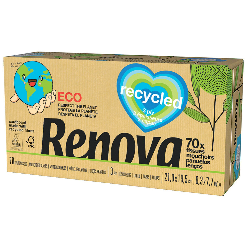 Mouchoirs Renova 100% recyclé, 30 boîtes de 72 mouchoirs
