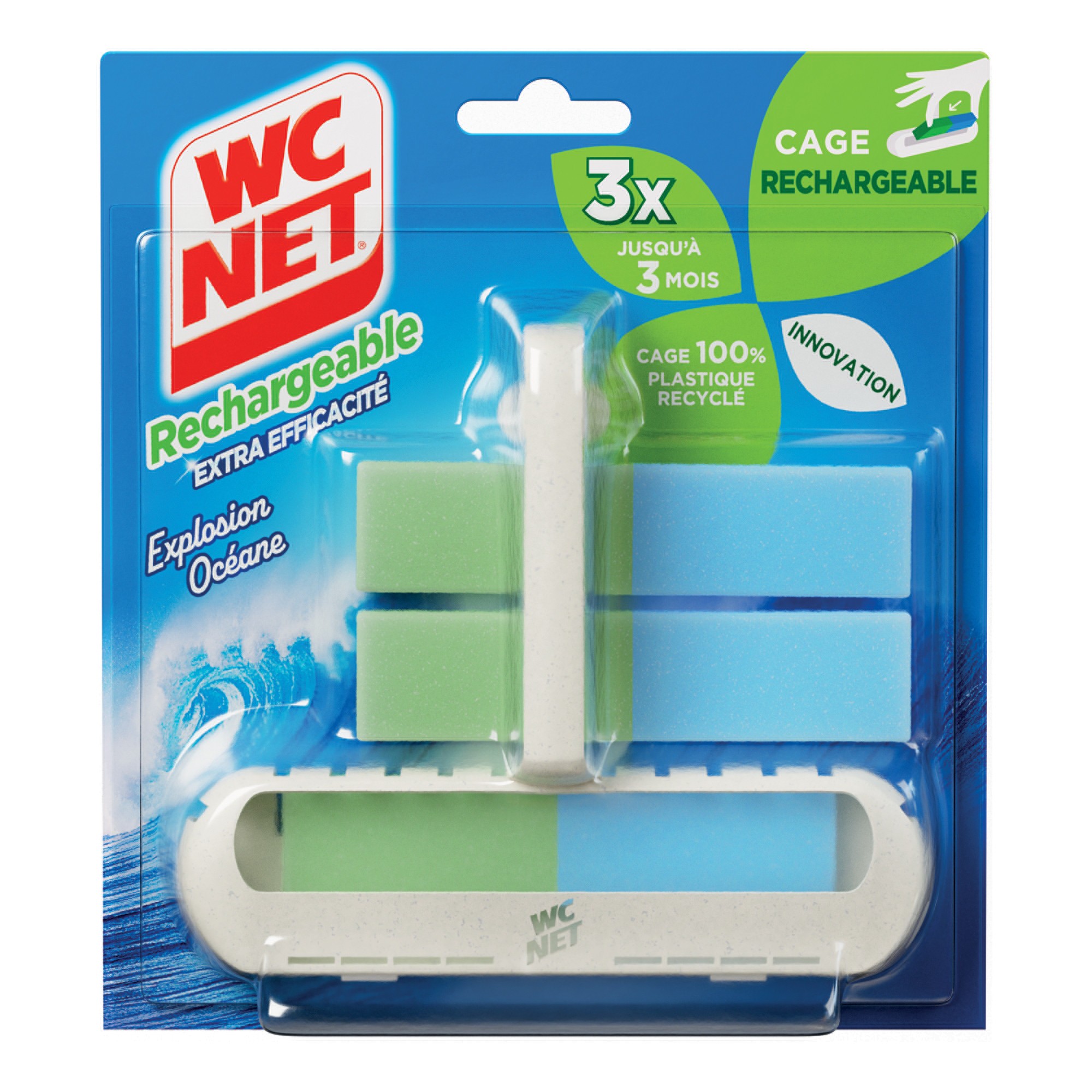 Bloc WC rechargeable WC Net explosion océane, lot 1 bloc + 3 recharges
