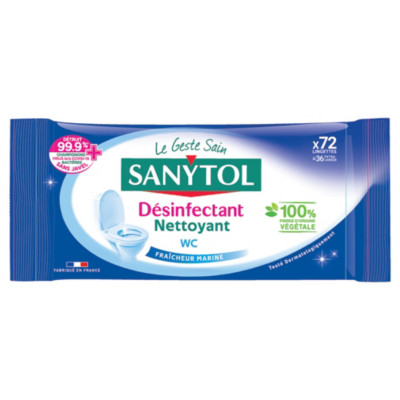 Lingettes WC désinfectantes nettoyantes Sanytol, parfum fraîcheur marine, étui de 72 lingettes