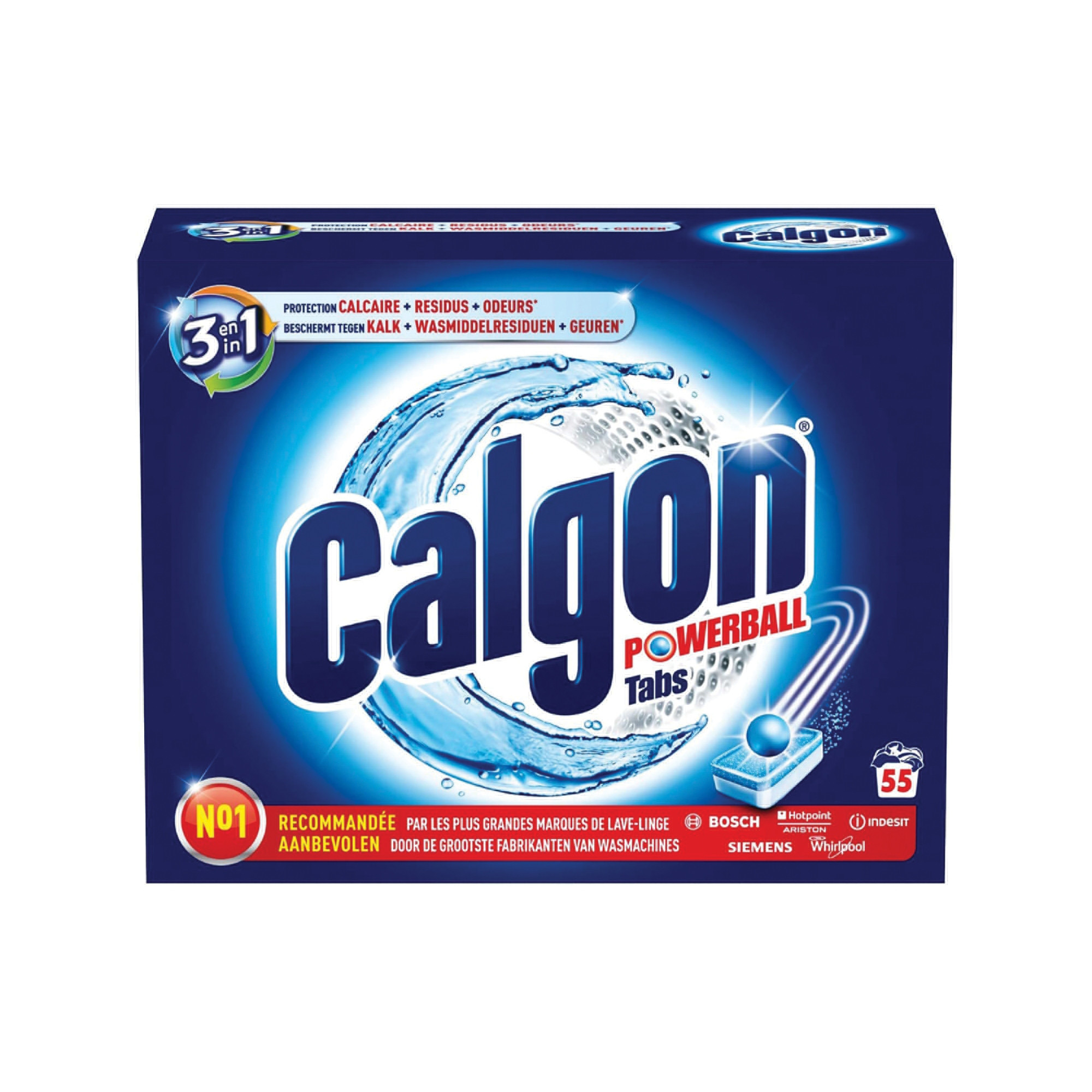 Tablettes anticalcaire lave-linge Calgon Powerball 3 en 1, boîte de 55