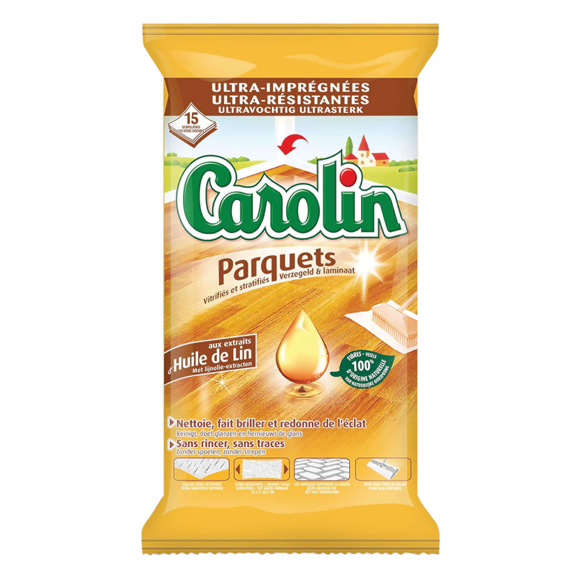 Lingettes parquets vitrifiés et stratifiés Carolin huile de lin, paquet de 15