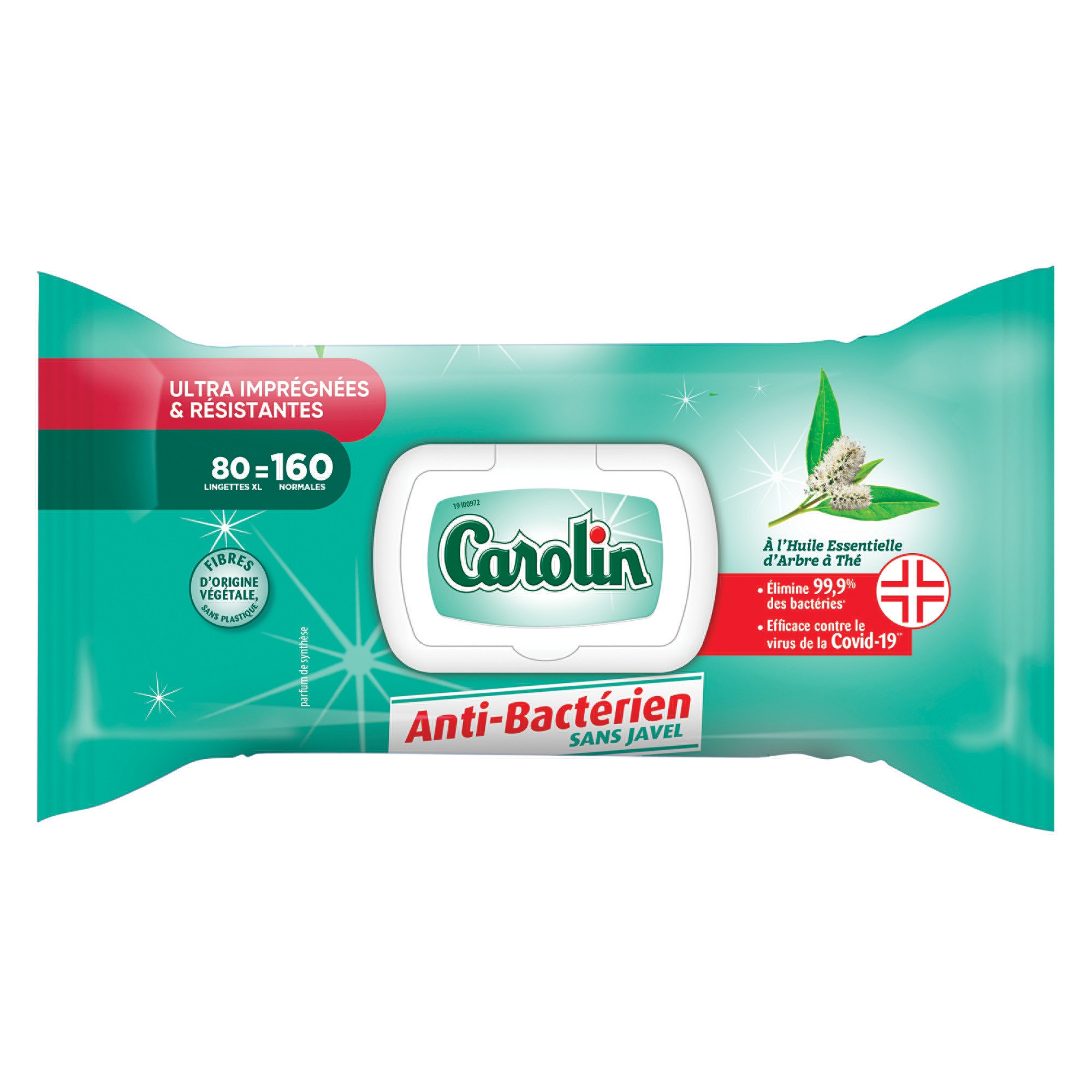 Lingettes antibactériennes surfaces Carolin arbre à thé, étui de 80