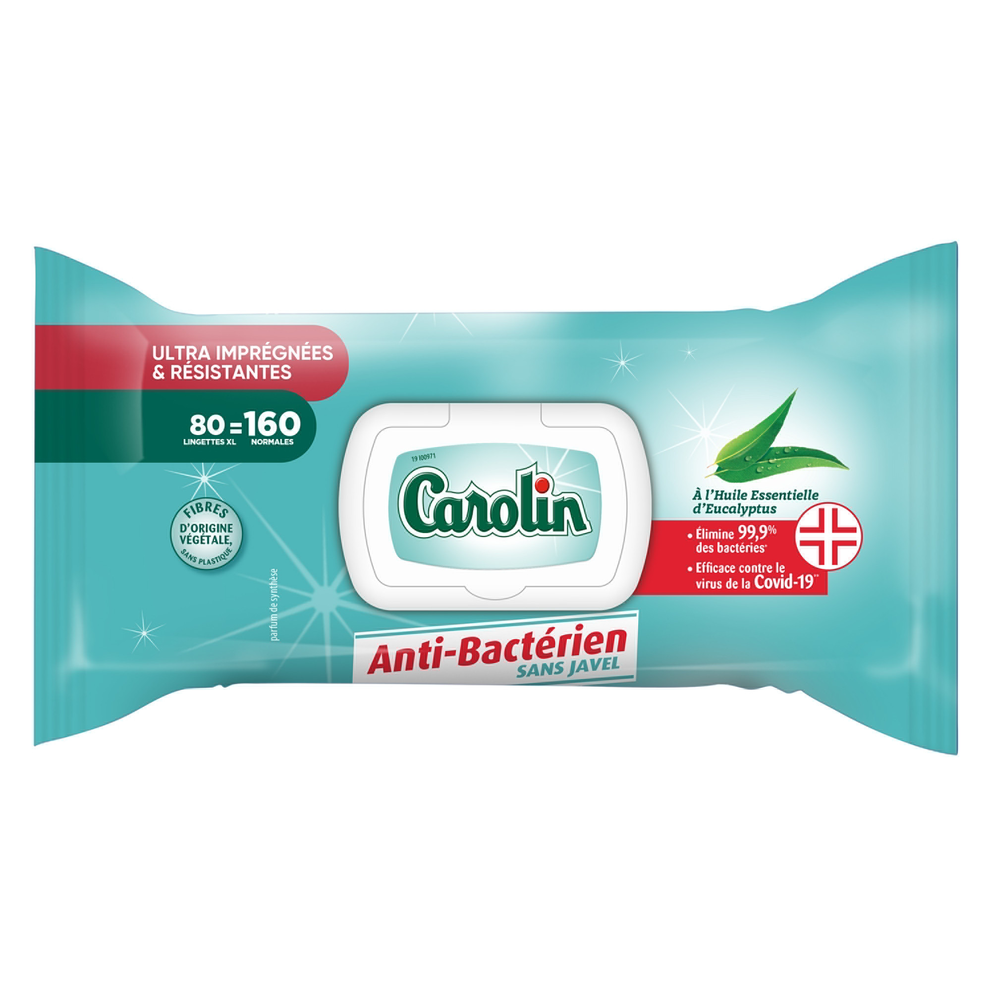 Lingettes antibactériennes surfaces Carolin eucalyptus, étui de 80
