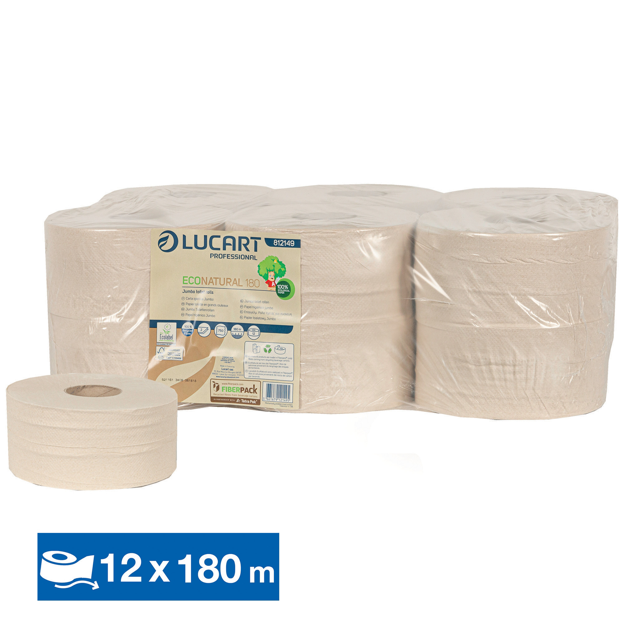 Papier toilette mini jumbo Lucart EcoNatural économique, lot de 12