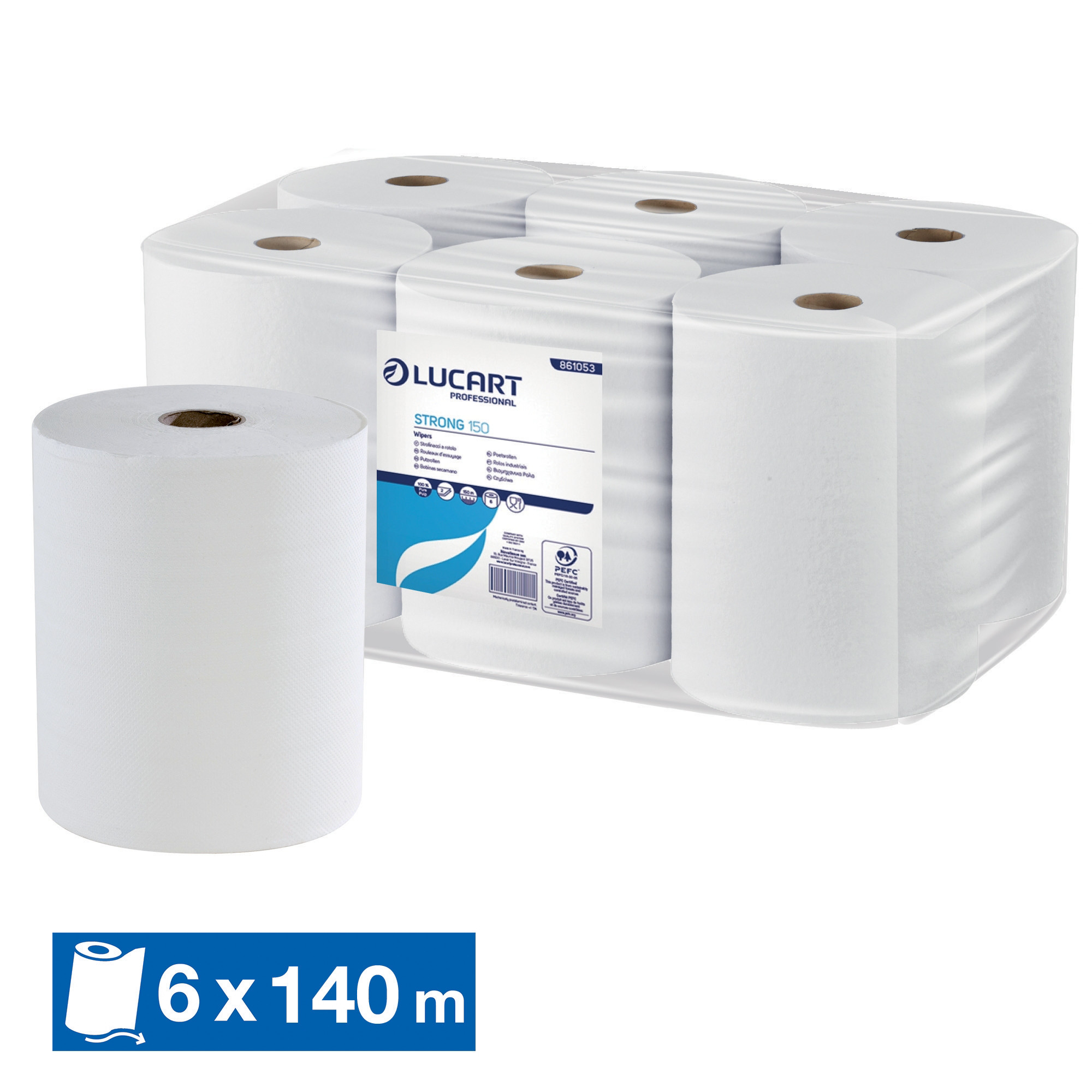 Essuie-mains rouleaux Lucart Strong, lot de 6 de 140 m