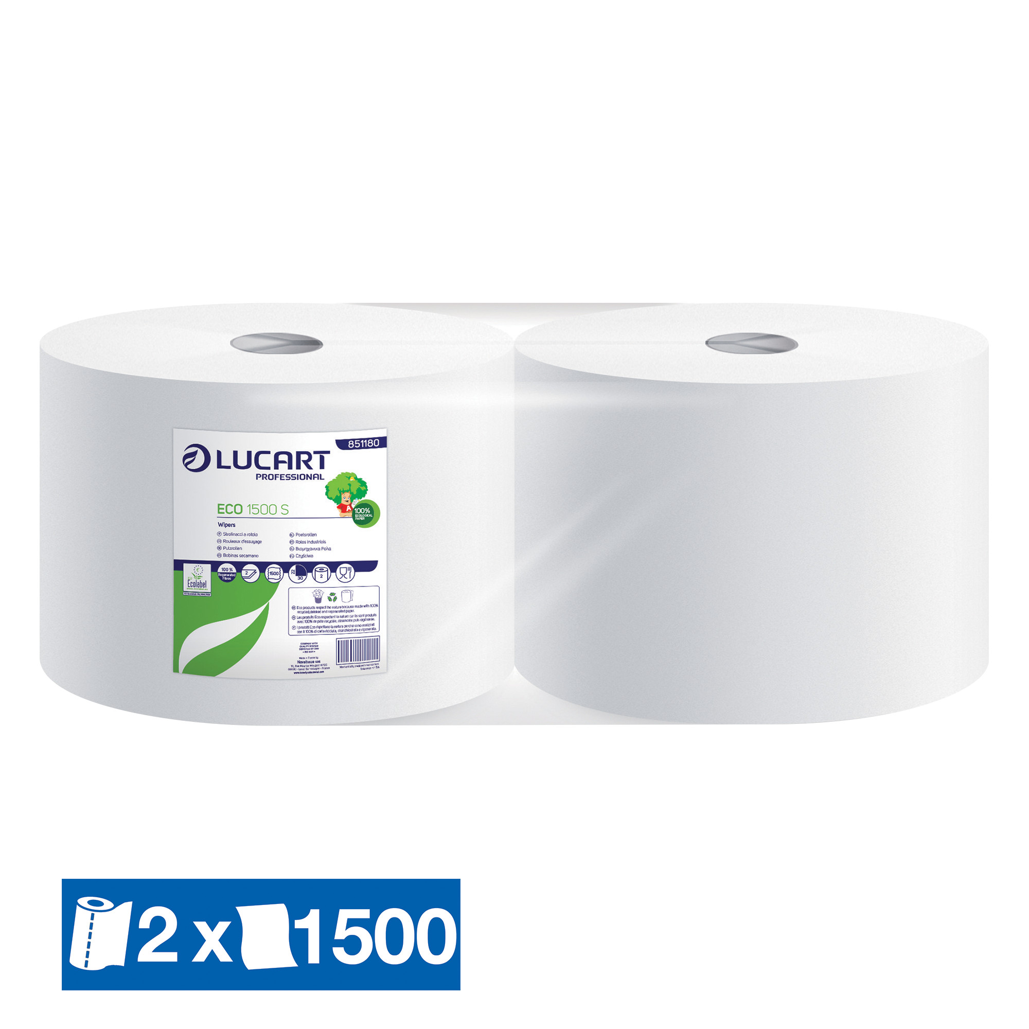 2 bobines d'essuyage blanches Eco Lucart, 1500 formats