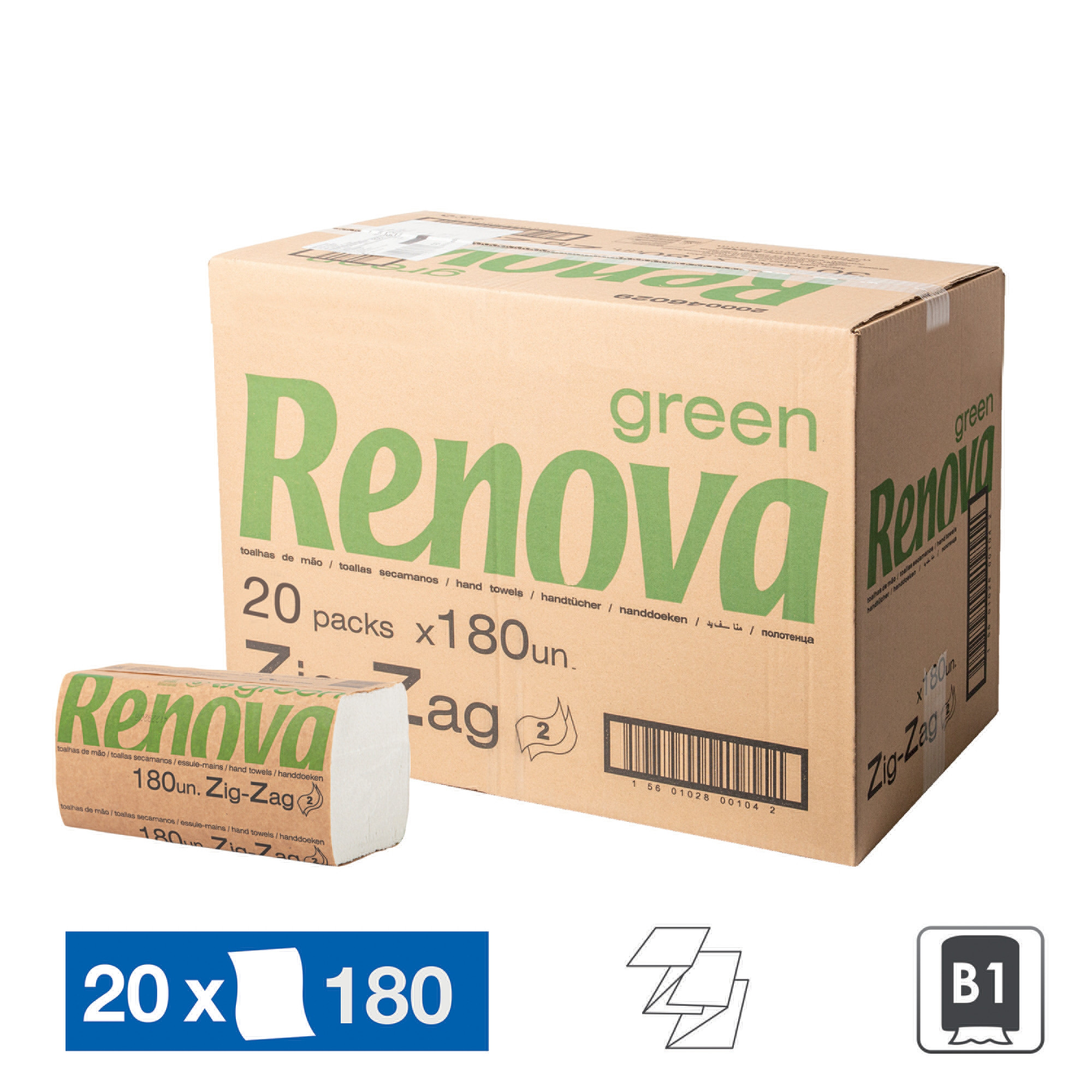 Essuie-mains enchevêtrés Renova Zig-Zag Green, 20 paquets de 180 feuilles