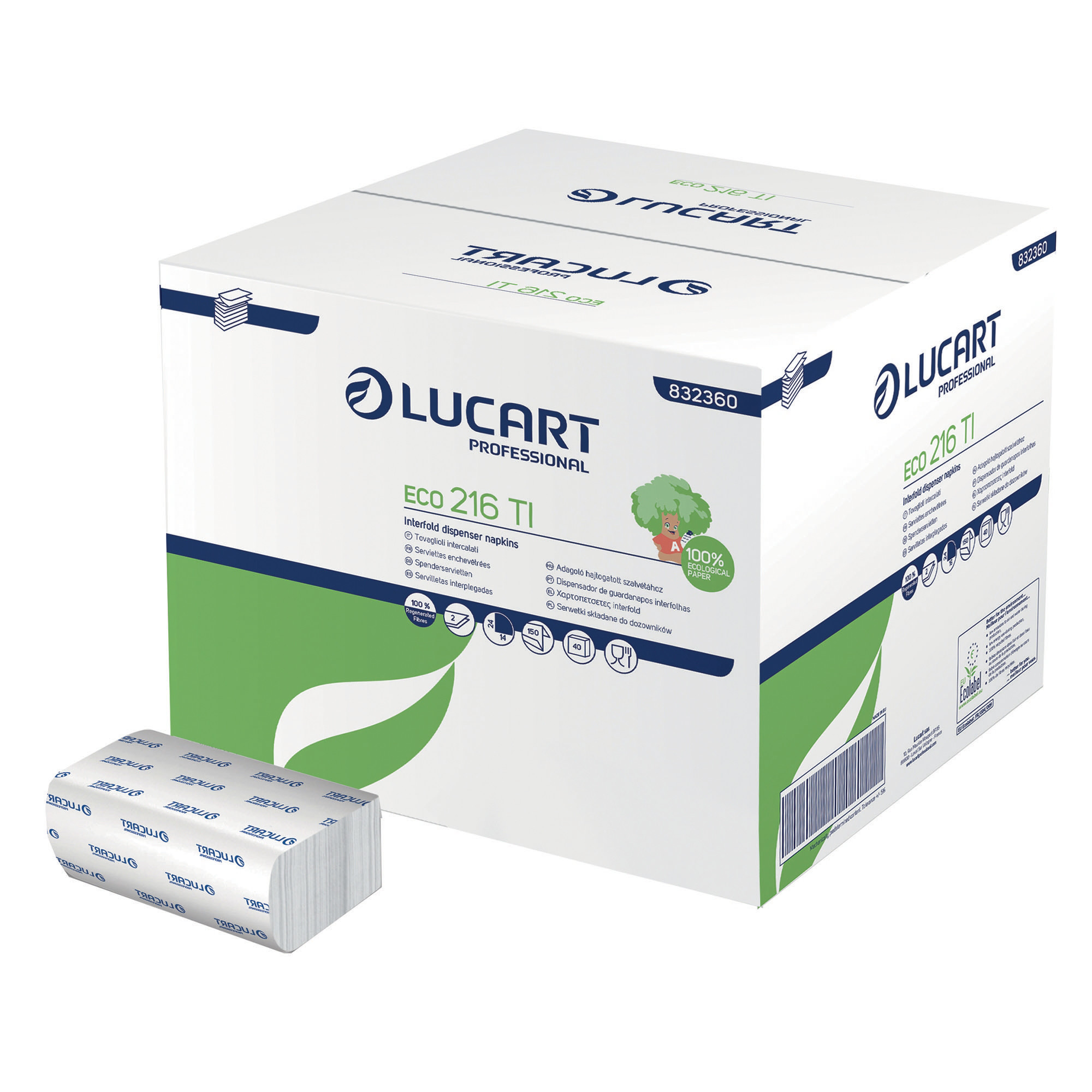 Serviettes de table enchevêtrées Lucart Eco 216 TI 2 plis ouate recyclée blanche, 40 paquets de 150