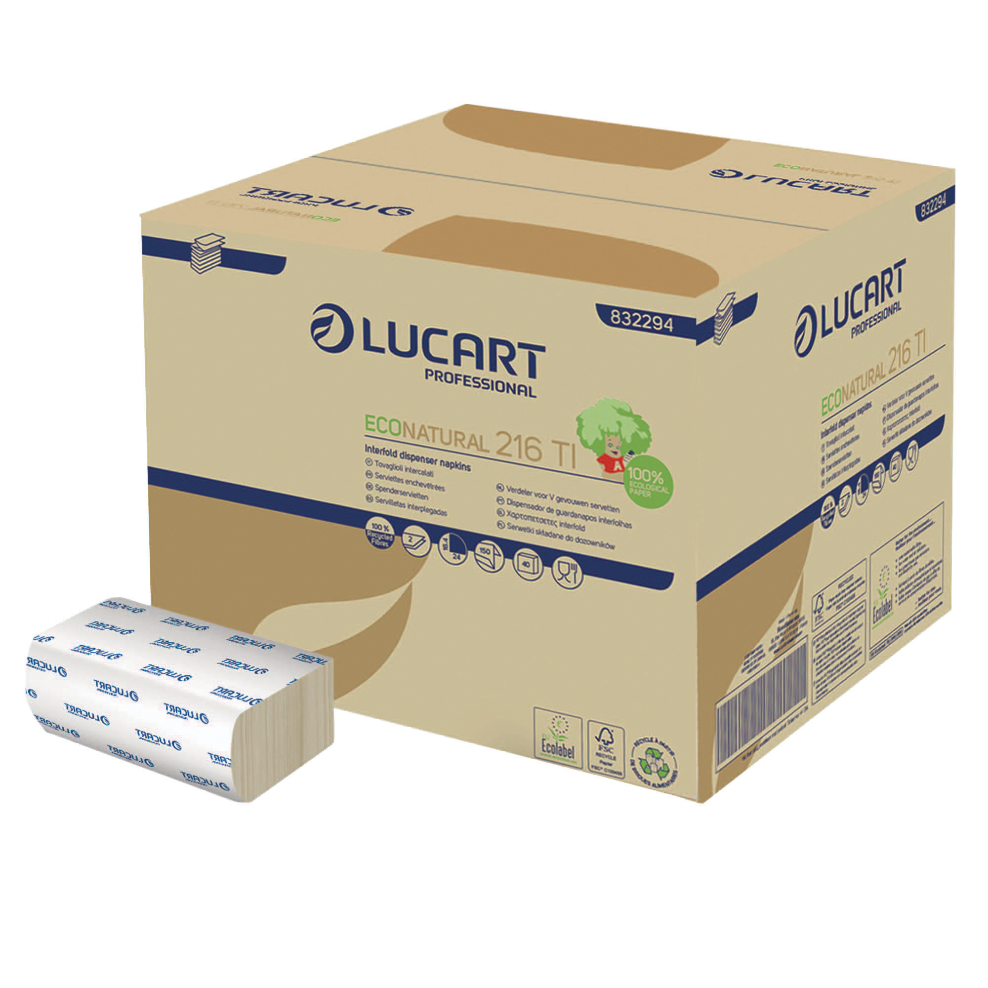 Serviettes de table enchevêtrées Lucart EcoNatural 216 TI 2 plis ouate recyclée écrue, 40 paquets de 150