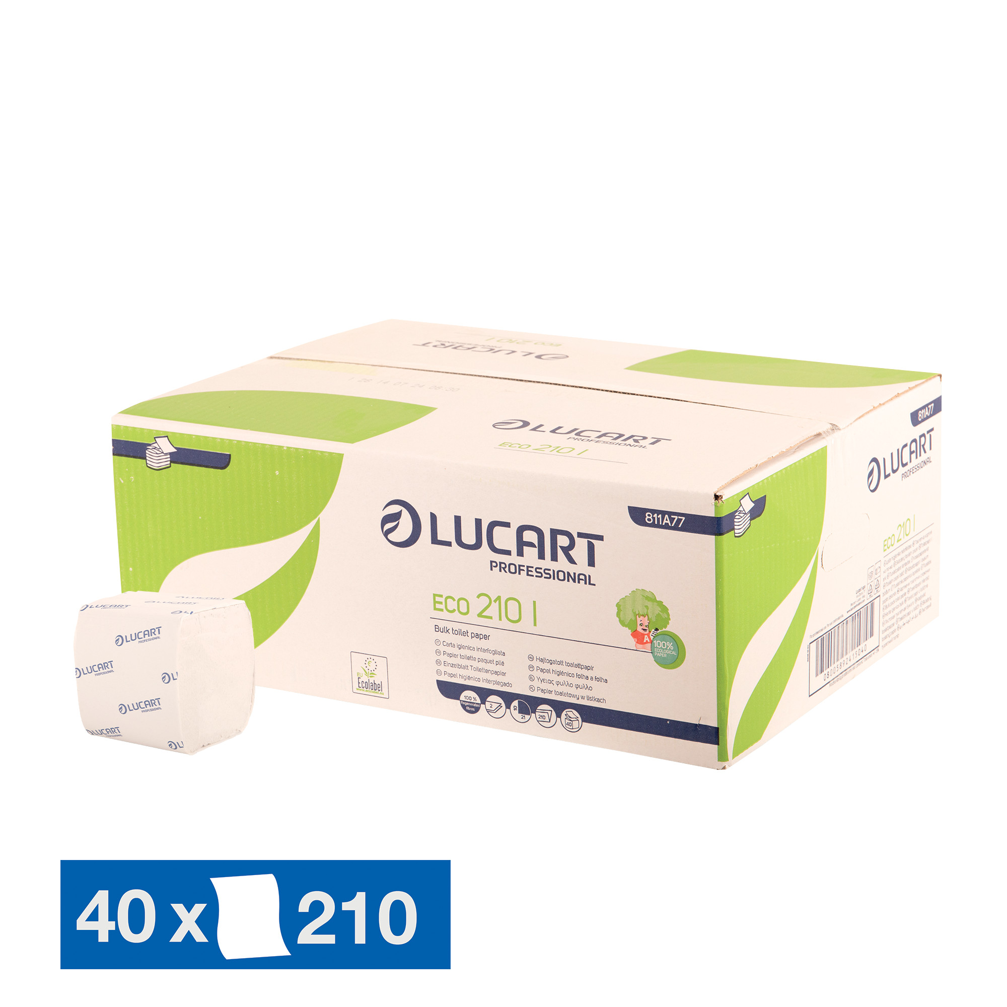 Papier toilette plié blanc 210 1er prix Lucart Professional, 40 paquets