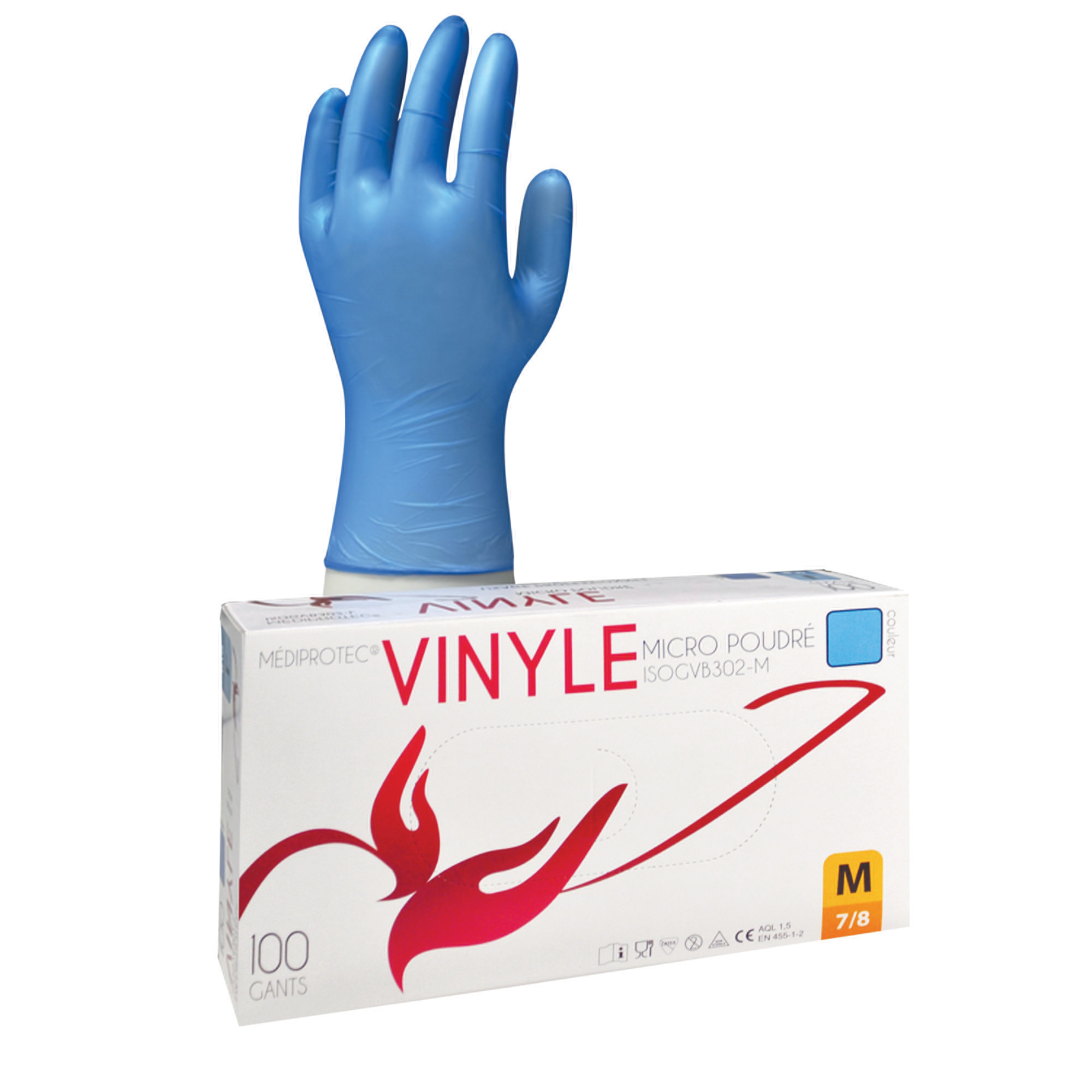 Gants jetables vinyle bleus taille 8, boite de 100
