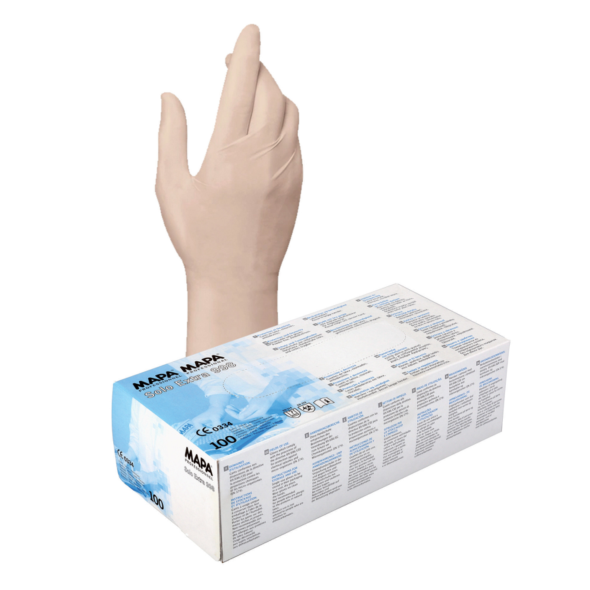 Gants jetables latex Mapa Solo 998 taille 9, boite de 100