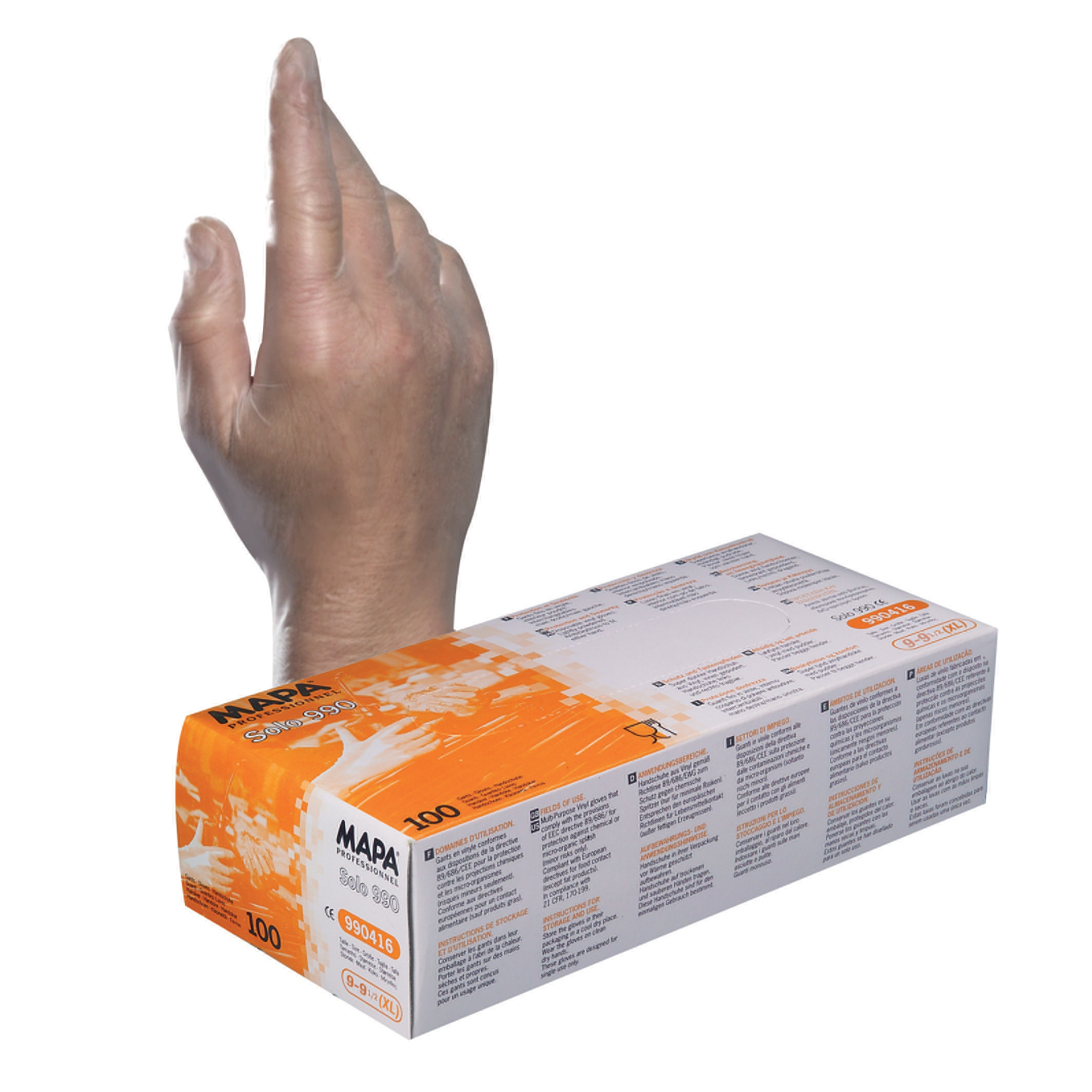 Gants jetables vinyle Mapa Solo 990 taille 9, boite de 100