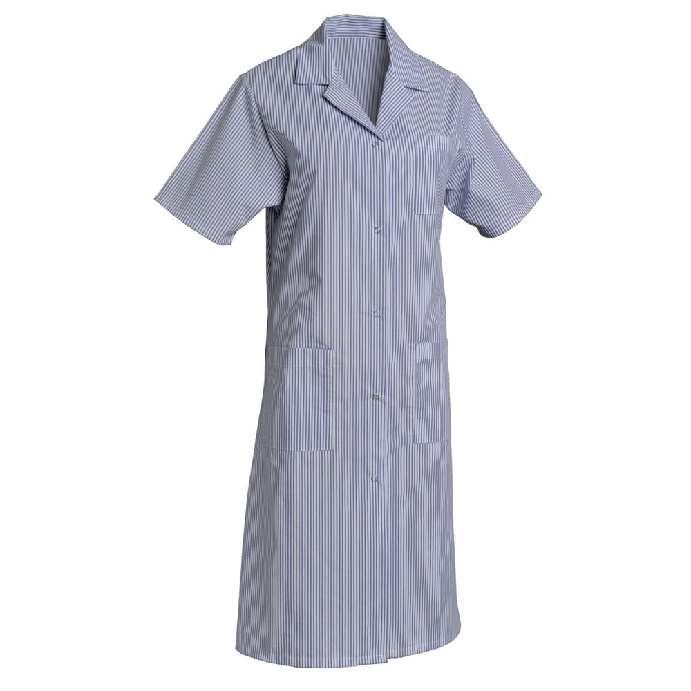 Blouse professionnelle femme bleu ciel et blanc en polycoton, manches courtes, taille 48/50