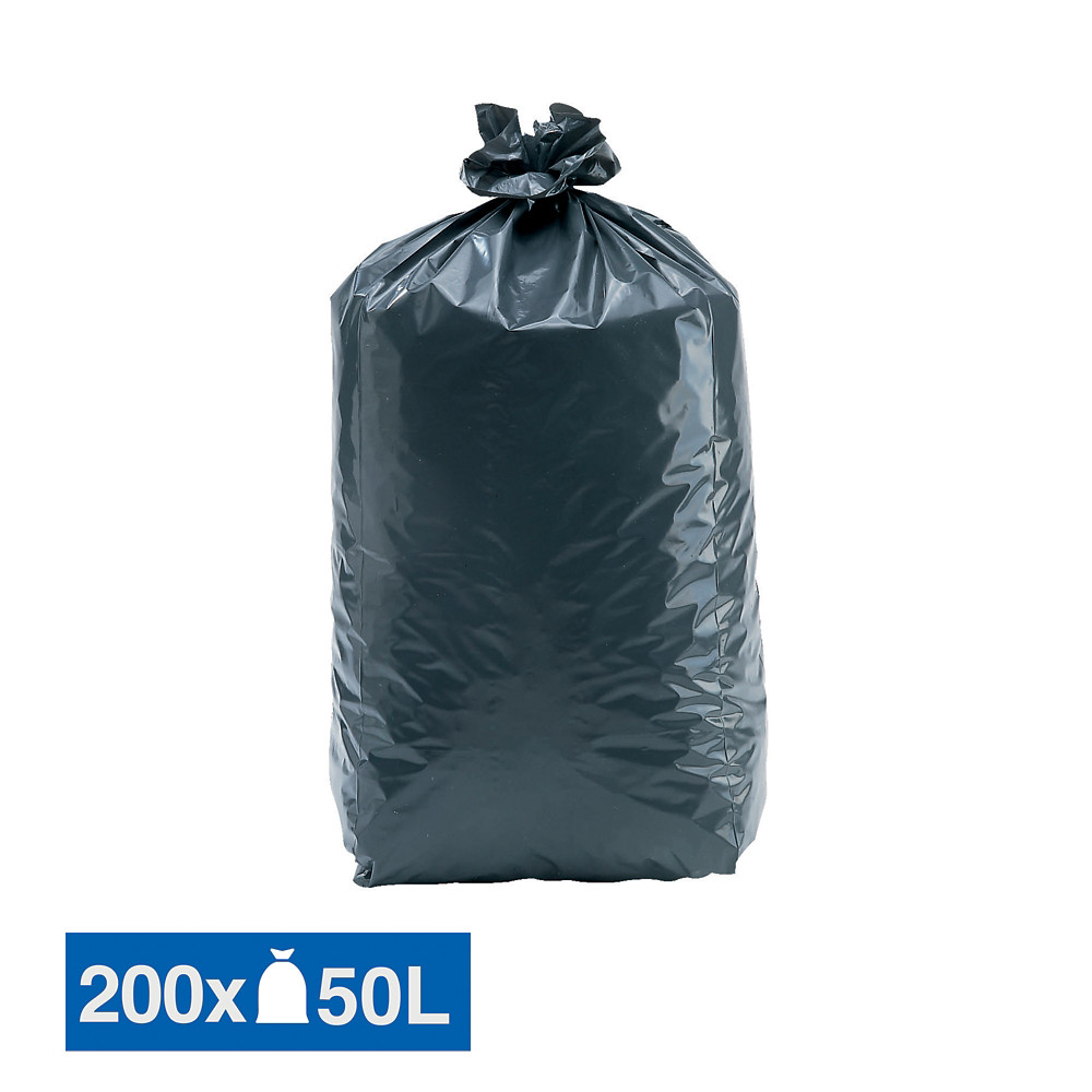 JET'SAC Sacs poubelle dchets lourds Tradition qualit paisse gris 50 L, carton de 200