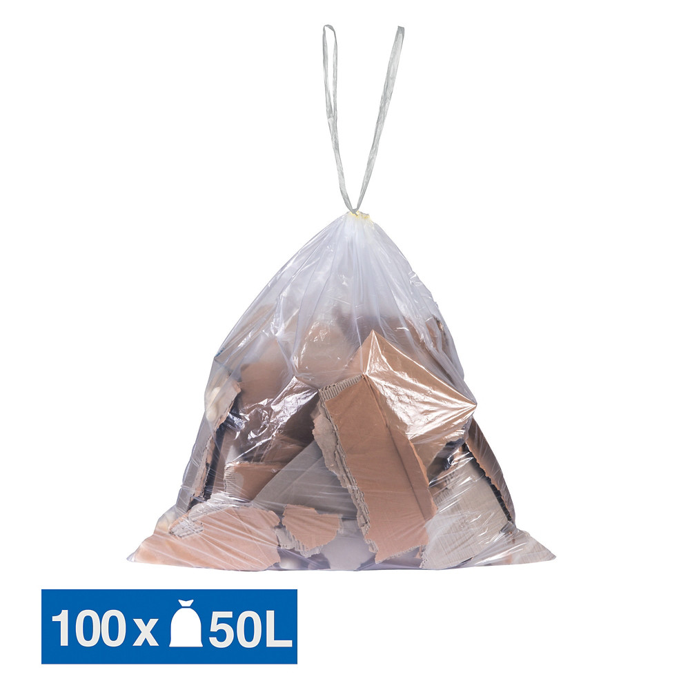 JET'SAC Sacs poubelle dchets courants poignes coulissantes transparents 50 L, lot de 100