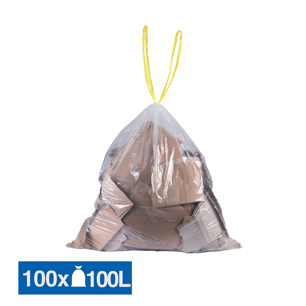 JET'SAC Sacs poubelle dchets courants poignes coulissantes transparents 100 L, lot de 100