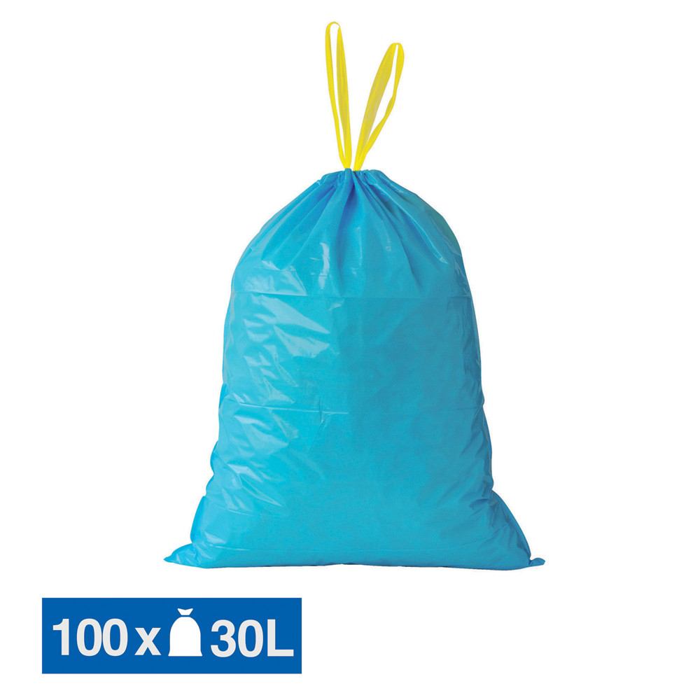 Sacs poubelle dchets lourds poignes coulissantes bleus 30 L, lot de 100