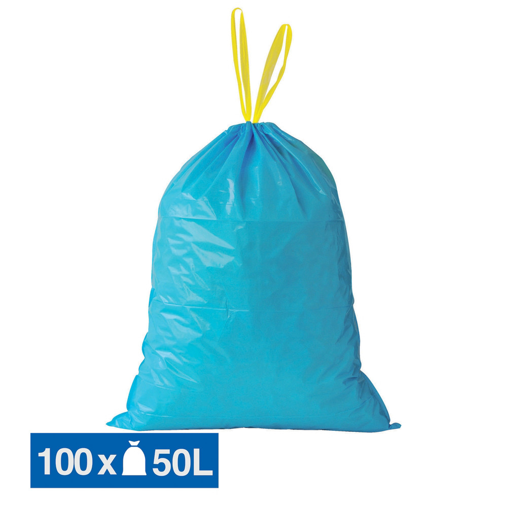 Sacs poubelle dchets lourds Tradition poignes coulissantes bleus 50 L, lot de 100