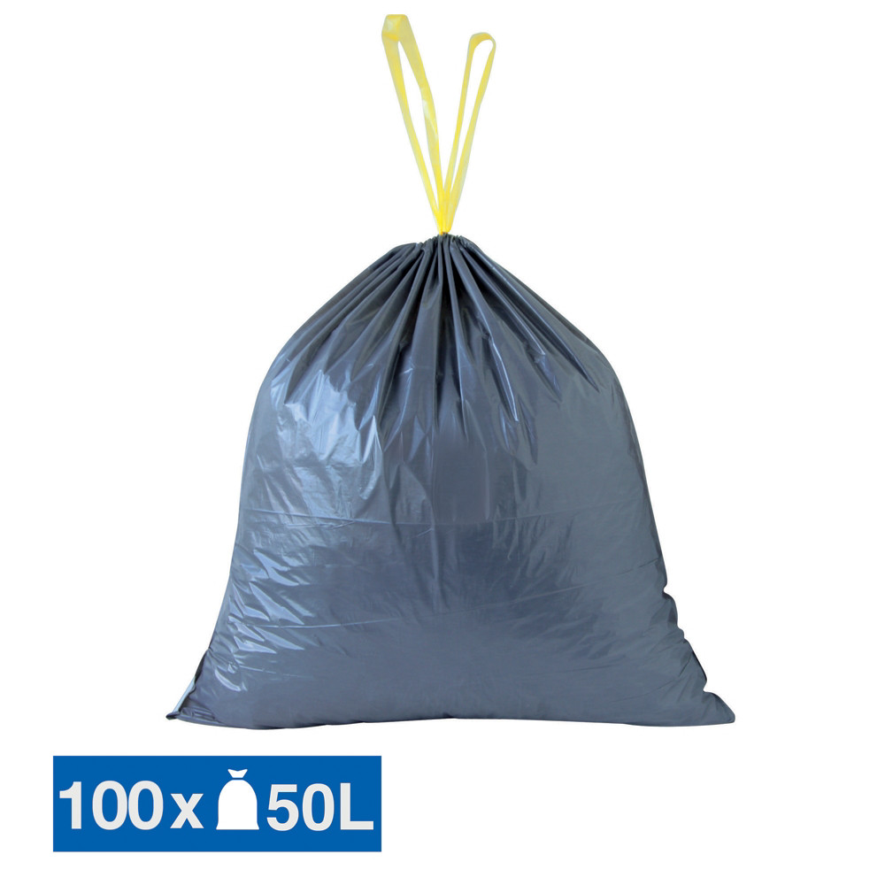 JET'SAC Sacs poubelle dchets courants poignes coulissantes gris 50 L, lot de 100