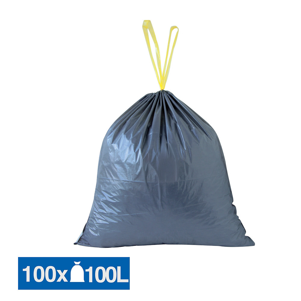JET'SAC Sacs poubelle dchets courants poignes coulissantes gris 100 L, lot de 100
