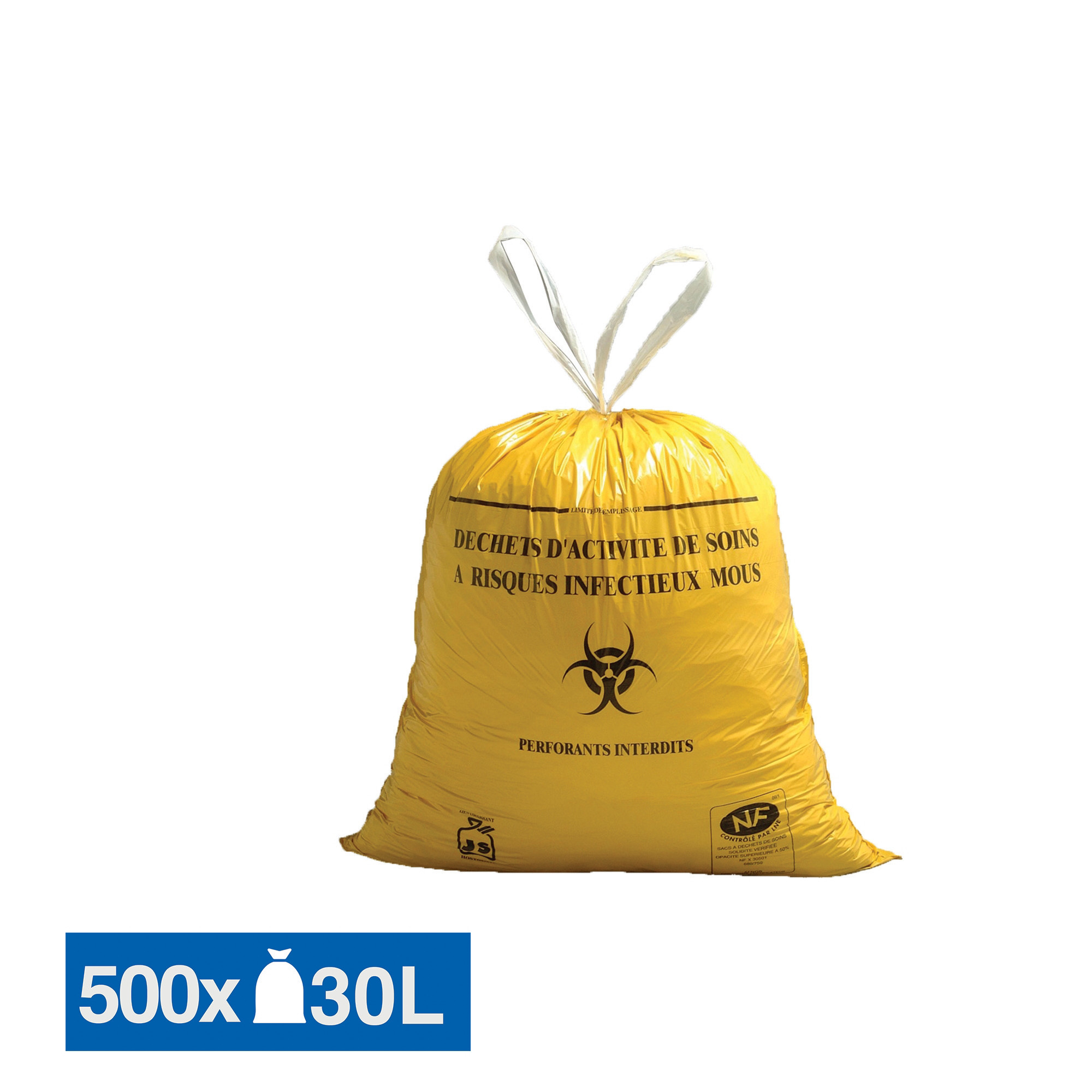 JET'SAC Sacs poubelle déchets hospitaliers Dasri poignées coulissantes jaunes 30 L, lot de 500