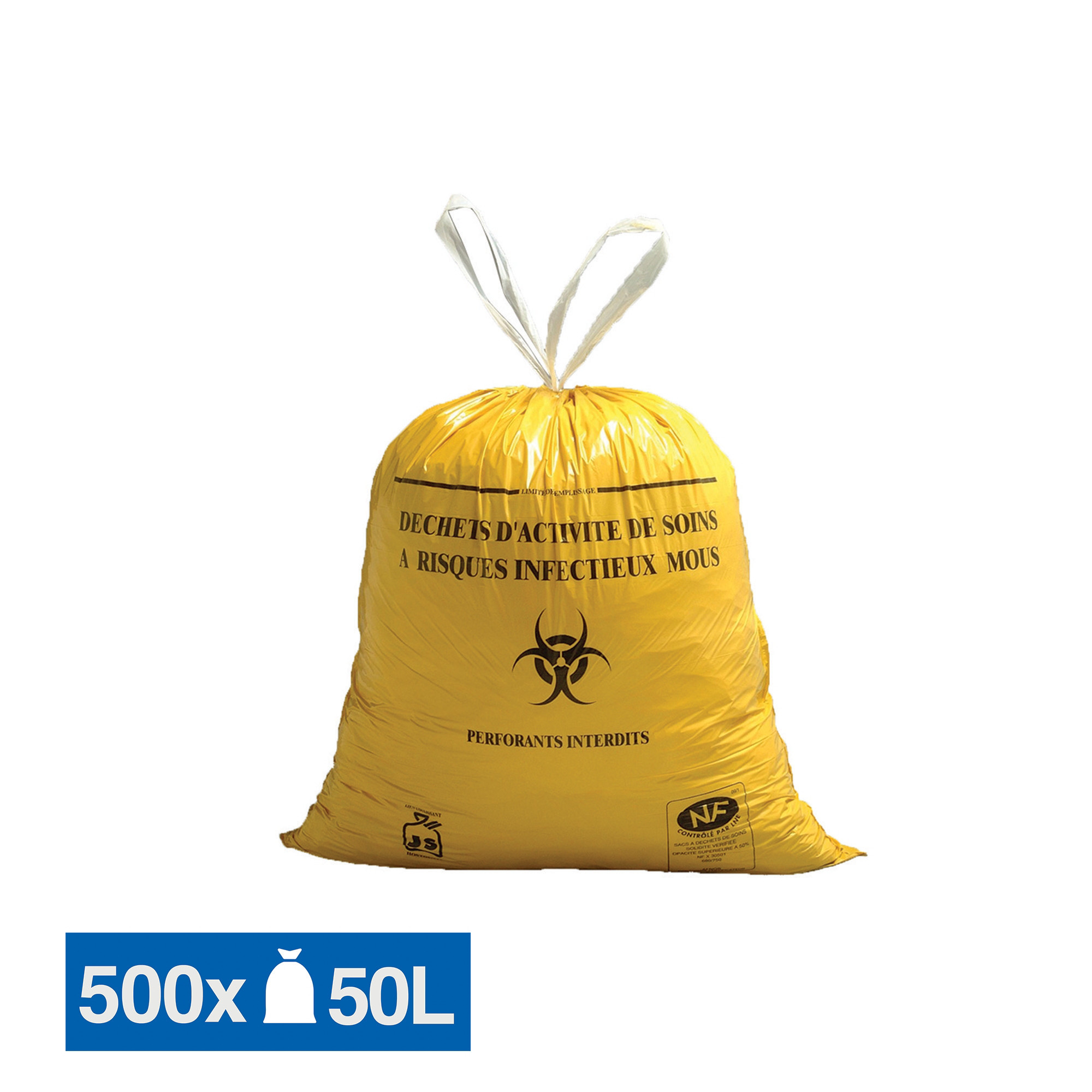 JET'SAC Sacs poubelle déchets hospitaliers Dasri poignées coulissantes jaunes 50 L, lot de 500