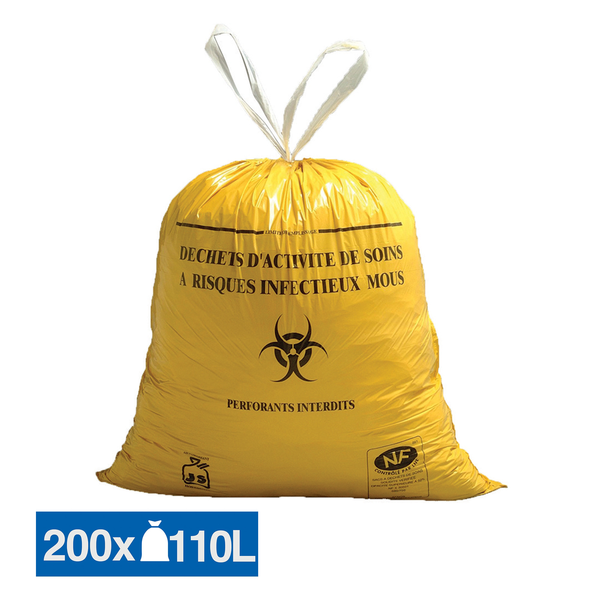 JET'SAC Sacs poubelle déchets hospitaliers Dasri poignées coulissantes jaunes 110 L, lot de 200