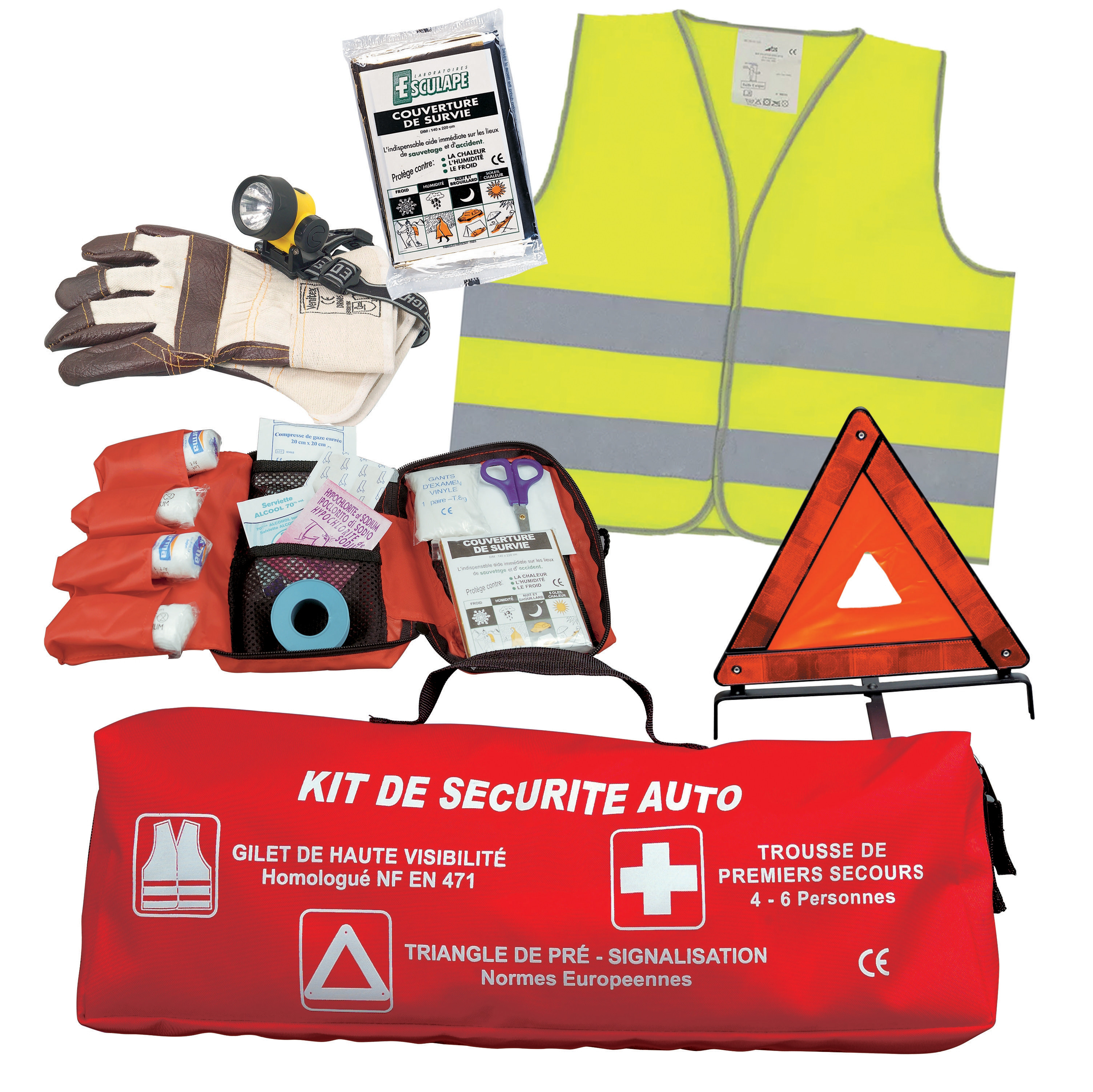 ESCULAPE Kit de sécurité voiture Esculape (triangle + gilet + couverture + trousse)