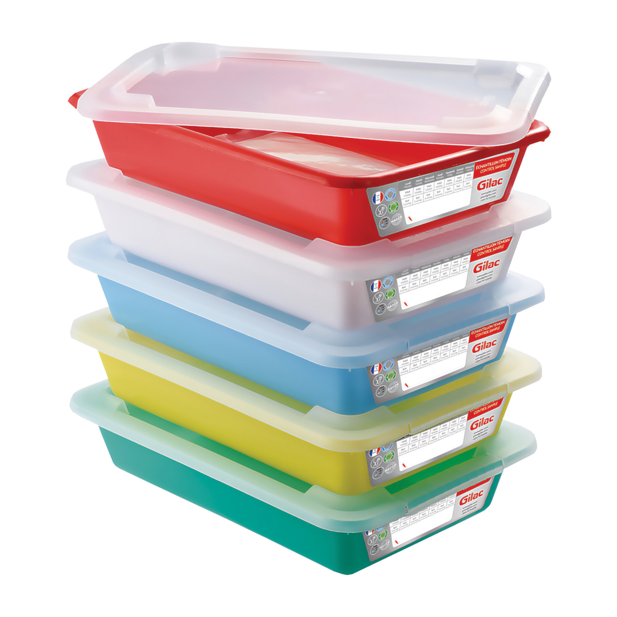Lot de 5 bacs alimentaires plats ''''témoins'''' avec couvercle 3L assortis Gilac