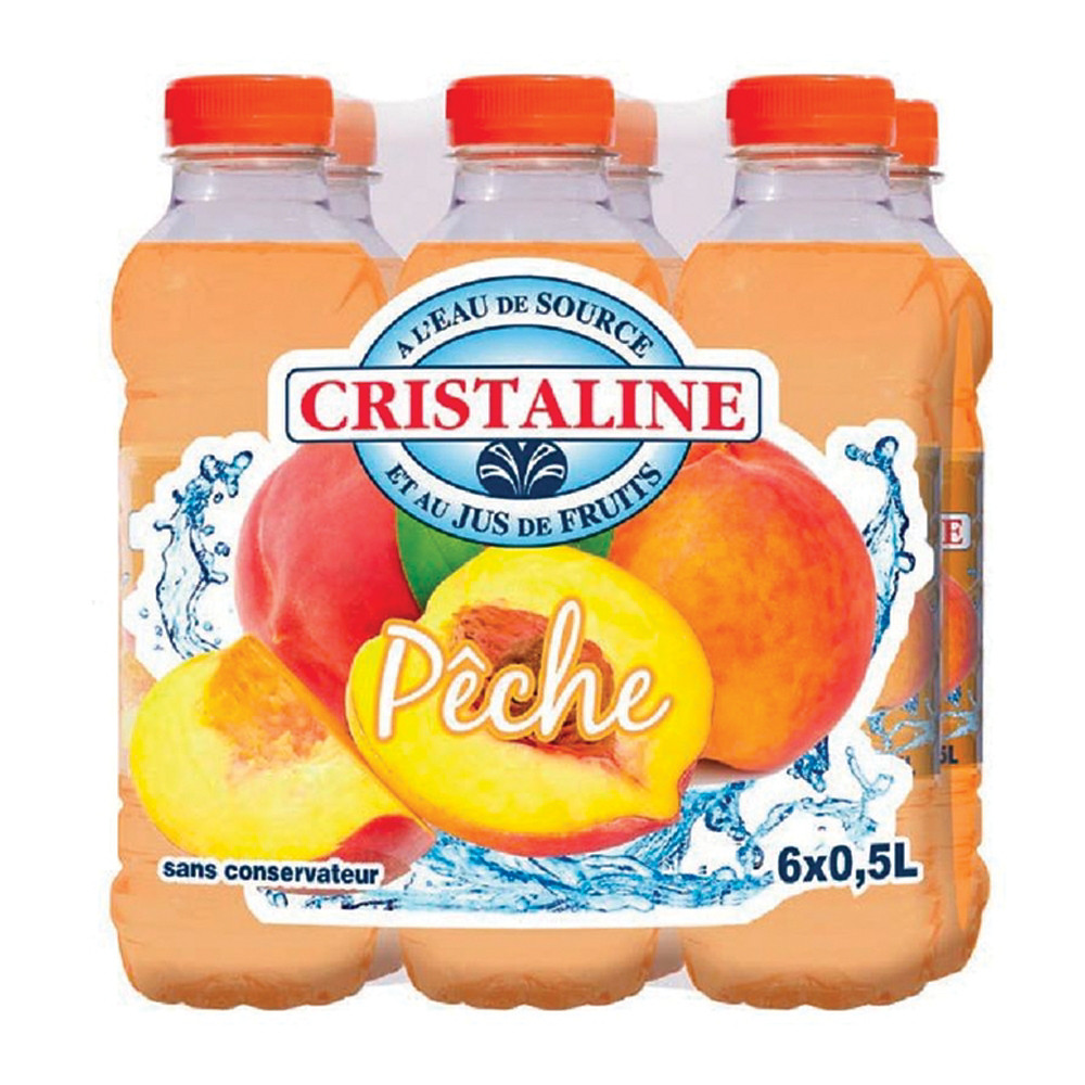 CRISTALINE Eau plate aromatise CRISTALINE parfum pche, lot de 6 bouteilles de 50 cl