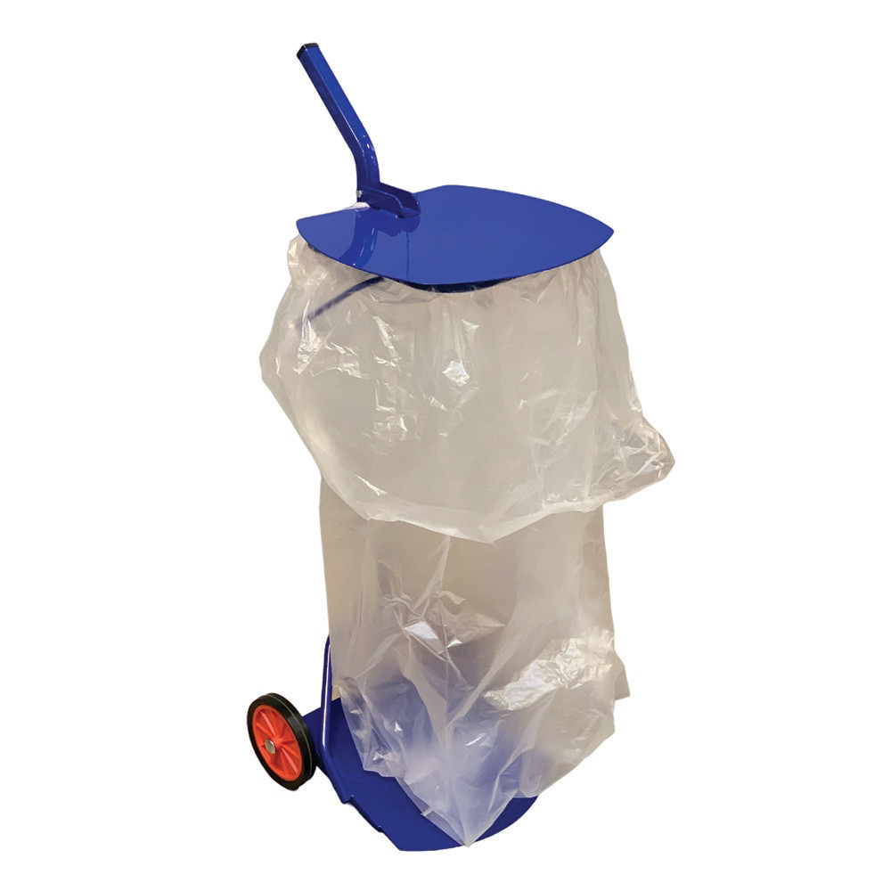 Support sac poubelle 2 roues avec couvercle bleu 110 L