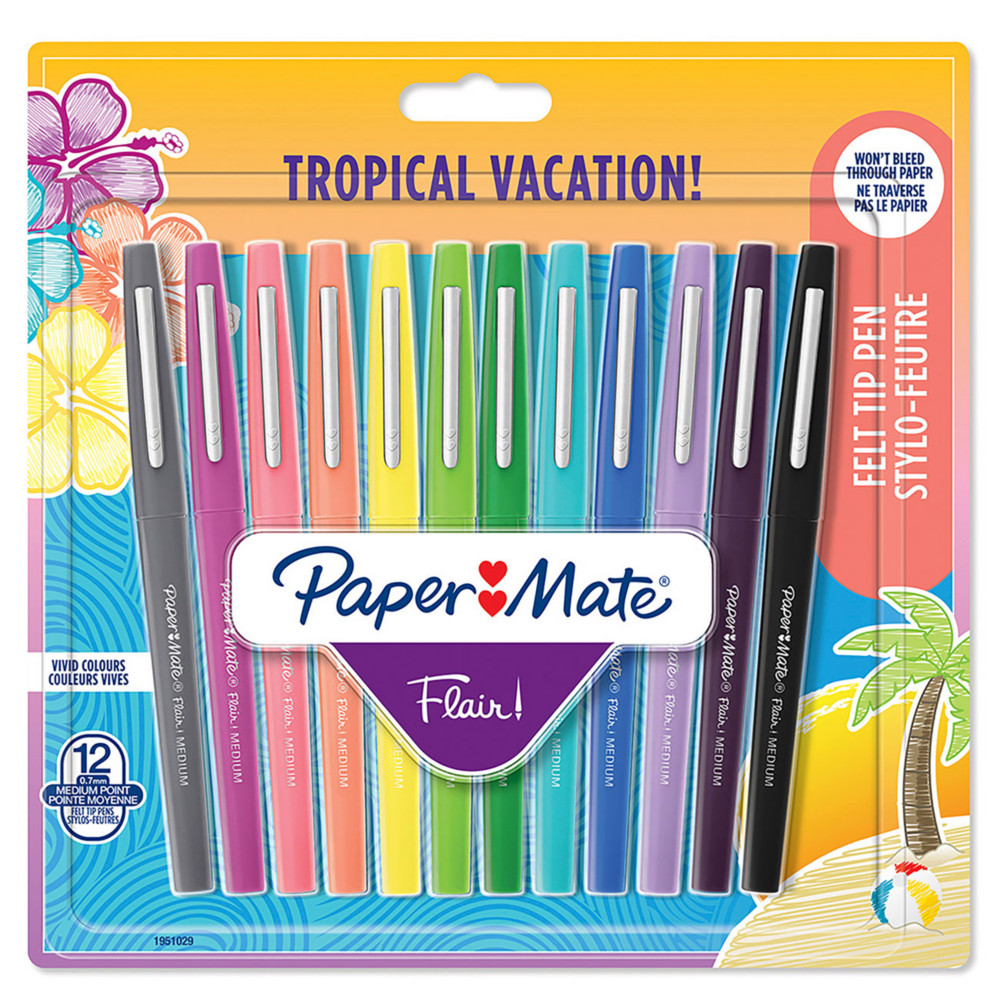 Paper Mate Flair Original Stylo feutre  capuchon pointe moyenne 0,7 mm - Pochette 12 couleurs Tropical