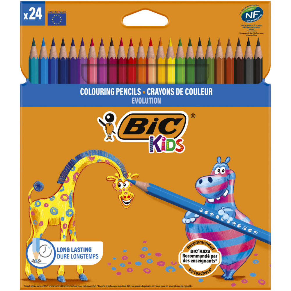 BIC Kids Evolution Crayons de couleur en rsine synthtique - Couleurs assorties - Paquet 24 crayons
